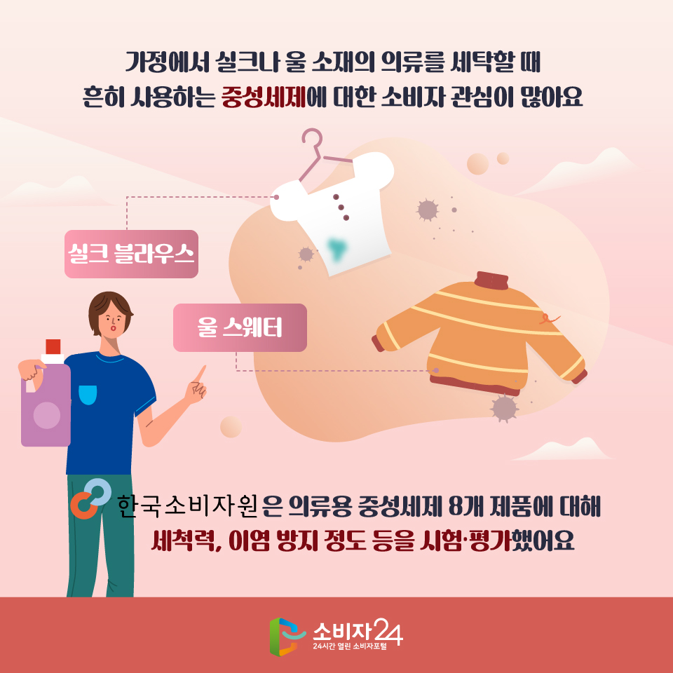 가정에서 실크나 울 소재의 의류를 세탁할 때 흔히 사용하는 중성세제에 대한 소비자 관심이 많아요 한국소비자원은 의류용 중성세제 8개 제품에 대해 세척력, 이염 방지 정도 등을 시험·평가했어요