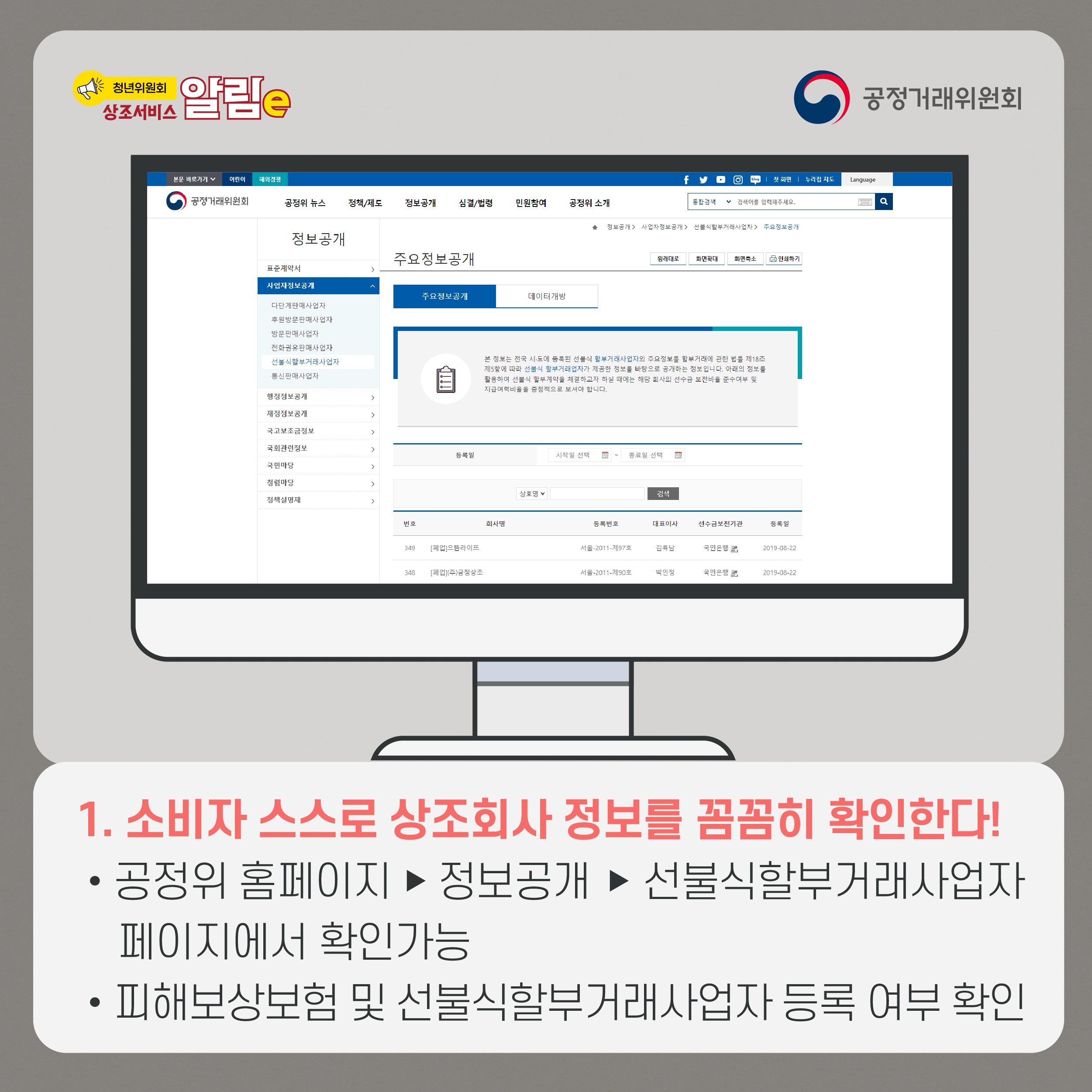 청년위원회 상조서비스 알림e, 공정거래위원회. 1. 소비자 스스로 상조회사 정보를 꼼꼼히 확인한다! 공정위 홈페이지 정보공개 선불식할부거래사업자 페이지에서 확인가능, 피해보상보험 및 선불식할부거래사업자 등록 여부 확인