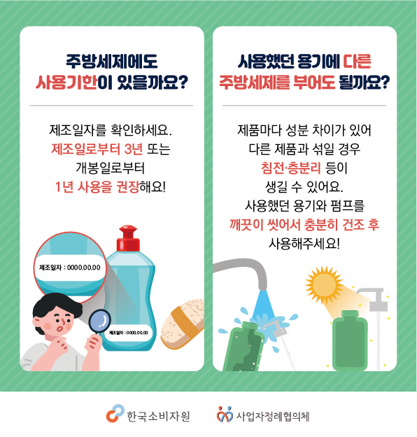 주방세제에도 사용기한이 있을까요? 제조일자를 확인하세요. 제조일로부터 3년 또는 개봉일로부터 1년 사용을 권장해요! 사용했던 용기에 다른 주방세제를 부어도 될까요? 제품마다 성분 차이가 있어 다른 제품과 섞일 경우 침전, 층분리 등이 생길 수 있어요. 사용했던 용기와 펌프를 깨끗이 씻어서 충분히 건조 후 사용해주세요!