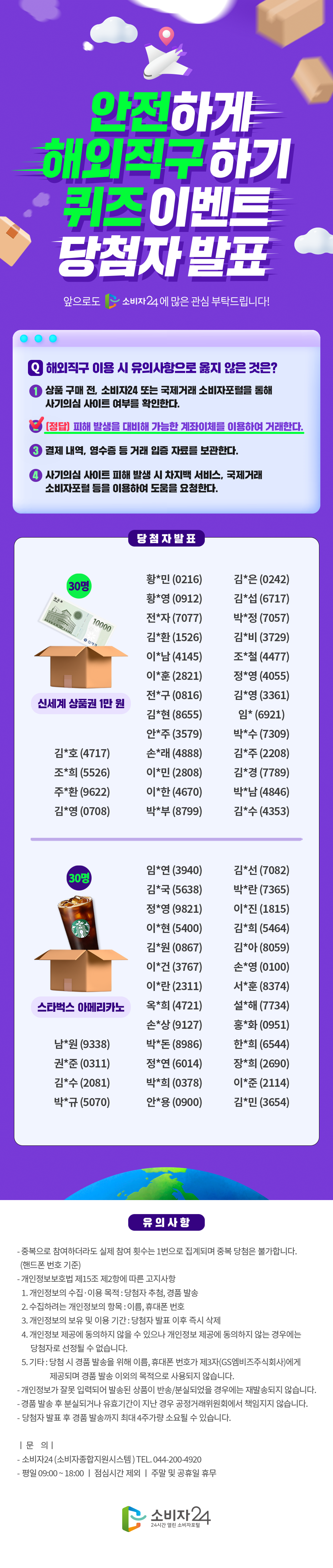 안전하게 해외직구하기 퀴즈 이벤트 당첨자 발표 앞으로도 소비자24에 많은 관심 부탁드립니다! 해외직구 이용 시 유의사항으로 옳지 않은 것은? 1. 상품 구매 전, 소비자24 또는 국제거래 소비자포털을 통해 사기의심 사이트 여부를 확인한다. 2. (정답) 피해 발생을 대비해 가능한 계좌이체를 이용하여 거래한다. 3. 결제 내역, 영수증 등 거래 입증 자료를 보관한다. 4. 사기의심 사이트 피해 발생 시 차지백 서비스, 국제거래 소비자포털 등을 이용하여 도움을 요청한다. 당첨자발표
신세계 상품권 1만원 (30명)			
황*민(0216)	김*은(0242)	황*영(0912)	김*섭(6717)	전*자(7077)
박*정(7057)	김*환(1526)	김*비(3729)	이*남(4145)	조*철(4477)
이*훈(2821)	정*영(4055)	전*구(0816)	김*영(3361)	김*현(8655)
임*(6921)	안*주(3579)	박*수(7309)	김*호(4717)	손*래(4888)
김*주(2208)	조*희(5526)	이*민(2808)	김*경(7789)	주*환(9622)
이*한(4670)	박*남(4846)	김*영(0708)	박*부(8799)	김*수(4353)
스타벅스 아메리카노(30명)				
임*연(3940)	김*선(7082)	김*국(5638)	박*란(7365)	정*영(9821)
이*진(1815)	이*현(5400)	김*희(5464)	김*원(0867)	김*아(8059)
이*건(3767)	손*영(0100)	이*란(2311)	서*훈(8374)	옥*희(4721)
설*해(7734)	손*상(9127)	홍*화(0951)	남*원(9338)	박*돈(8986)
한*희(6544)	권*준(0311)	정*연(6014)	장*희(2690)	김*수(2081)
박*희(0378)	이*준(2114)	박*규(5070)	안*용(0900)	김*민(3654)

* 정확한 당첨자 확인을 위해 휴대폰 번호 뒷자리 4자리를 함께 표기했습니다.

○ 유의사항
 - 중복으로 참여하더라도 실제 참여 횟수는 1번으로 집계되며 중복 당첨은 불가합니다.(휴대폰번호 기준)
 - 개인정보보호법 제15조 제2항에 따른 고지사항
 1. 개인정보의 수집·이용 목적 : 당첨자 추첨, 경품 발송
 2. 수집하려는 개인정보의 항목 : 이름, 휴대폰 번호
 3. 개인정보의 보유 및 이용 기간 : 당첨자 발표 이후 즉시 삭제
 4. 개인정보 제공에 동의하지 않을 수 있으나 개인정보 제공에 동의하지 않는 경우에는 당첨자로 선정될 수 없습니다.
 5. 기타 : 당첨 시 경품 발송을 위해 이름, 휴대폰번호가 제3자(GS엠비즈주식회사)에게 제공되며 경품 발송 이외의 목적으로 사용되지 않습니다.
 - 개인정보가 잘못 입력되어 발송된 상품이 반송/분실되었을 경우에는 재발송되지 않습니다.
 - 경품 발송 후 분실되거나 유효기간이 지난 경우 공정거래위원회에서 책임지지 않습니다.
 - 당첨자 발표 후 경품 발송까지 최대 4주가량 소요될 수 있습니다.
문의
- 소비자24(소비자종합지원시스템) 044-200-4920
- 평일 09:00~18:00 점심시간 제외 주말 및 공휴일 휴무