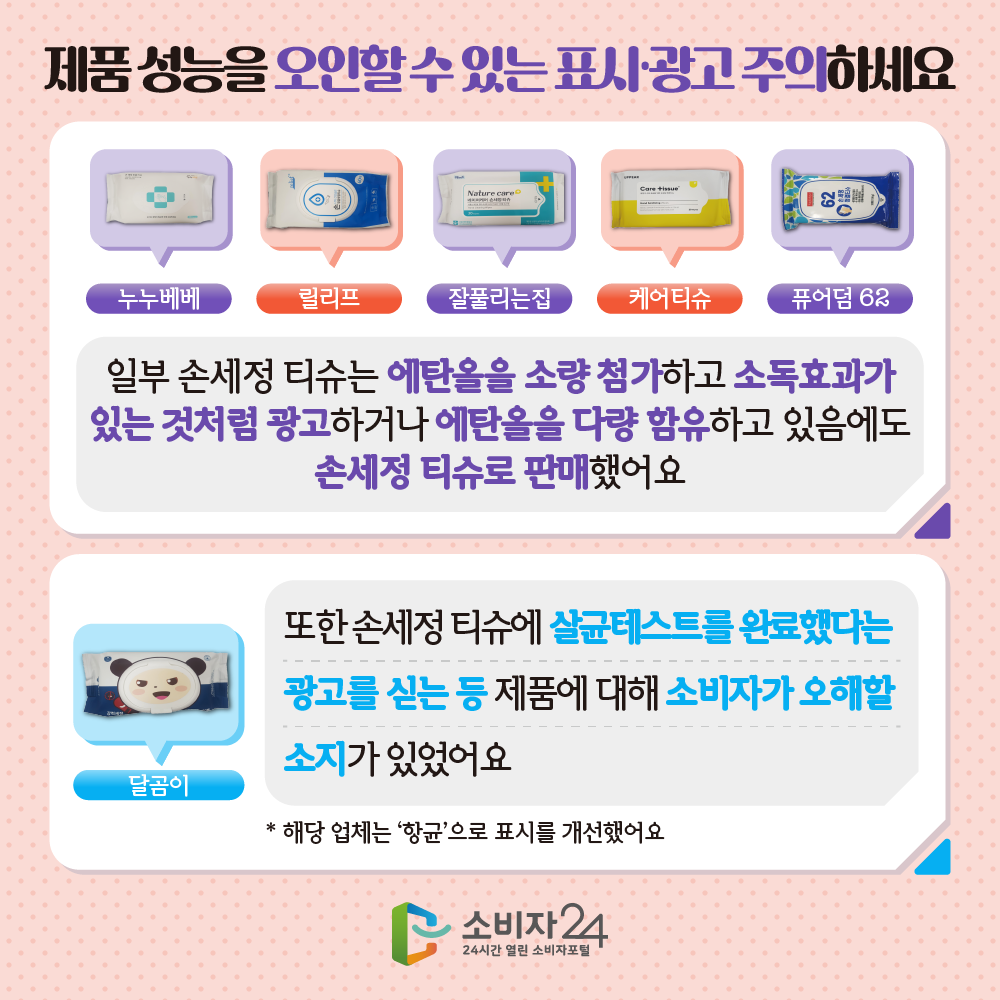 [제품 성능을 오인할 수 있는 표시·광고 주의하세요] : (누누베베, 릴리프, 잘풀리는집, 케어티슈, 퓨어덤 62)일부 손세정 티슈는 에탄올을 소량 첨가하고 소독효과가 있는 것처럼 광고하거나 에탄올을 다량 함유하고 있음에도 손세정 티슈로 판매했어요. 또한 손세정 티슈에 살균테스트를 완료했다는 광고를 싣는 등 제품에 대해 소비자가 오해할 소지가 있었어요(달곰이 손세정 물티슈) * 해당 업체는 ‘항균’으로 표시를 개선했어요