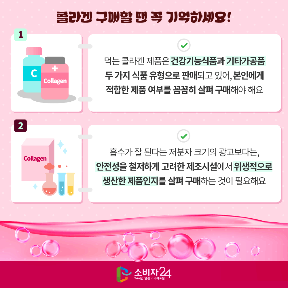 콜라겐 구매할 땐 꼭 기억하세요! 1.먹는 코라겐 제품은 건강기능식품과 기타가공품 두 가지 식품 유형으로 판매되고 있어, 본인에게 적합한 제품 여부를 꼼꼼히 살펴 구매해야 해요 2.흡수가 잘 된다는 저분자 크기의 광고보다는, 안전성을 철저하게 고려한 제조시설에서 위생적으로 생산한 제품인지를 살펴 구매하는 것이 필요해요