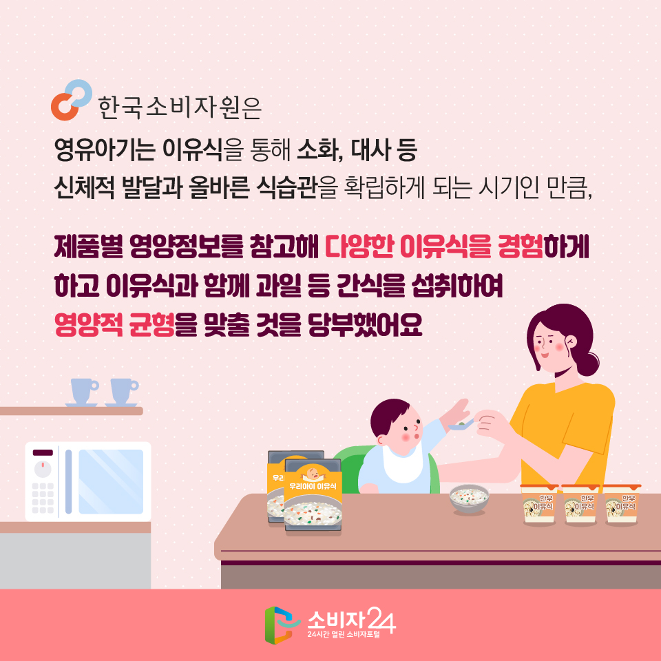 한국소비자원은 영유아기는 이유식을 통해 소화, 대사 등 신체적 발달과 올바른 식습관을 확립하게 되는 시기인 만큼, 제품별 영양정보를 참고해 다양한 이유식을 경험하게 하고 이유식과 함께 과일 등 간식을 섭취하여 영양적 균형을 맞출 것을 당부했어요