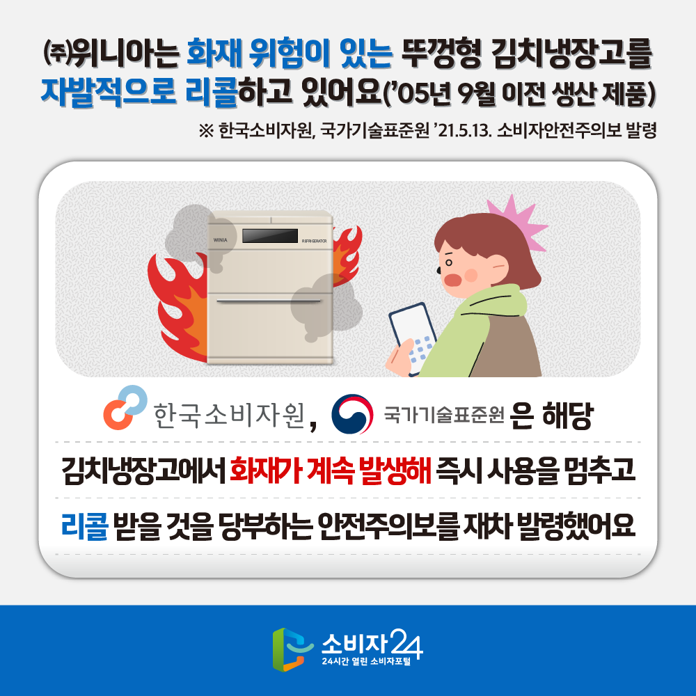 ㈜위니아는 화재 위험이 있는 뚜껑형 김치냉장고를 자발적으로 리콜하고 있어요(‘05년 9월 이전 생산 제품) ※ 한국소비자원, 국가기술표준원 ’21.5.13. 소비자안전주의보 발령 한국소비자원, 국가기술표준원은 해당 김치냉장고에서 화재가 계속 발생해 즉시 사용을 멈추고 리콜 받을 것을 당부하는 안전주의보를 재차 발령했어요