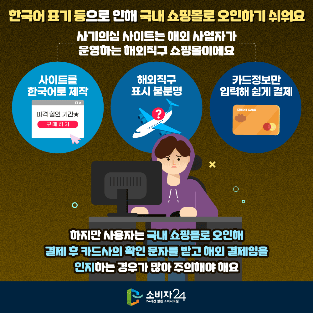 [한국어 표기 등으로 인해 국내 쇼핑몰로 오인하기 쉬워요] 사기의심 사이트는 해외 사업자가 운영하는 해외직구 쇼핑몰이에요. 사이트를 한국어로 제작, 해외직구 표시 불분명, 카드정보만 입력해 쉽게 결제, 하지만 사용자는 국내 쇼핑몰로 오인해 결제 후 카드사의 확인 문자를 받고 해외 결제임을 인지하는 경우가 많아 주의해야 해요