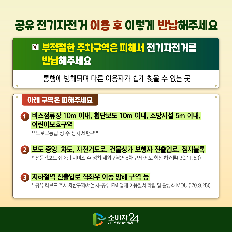 공유 전기자전거 이용 후 이렇게 반납해주세요 - 부적절한 주차구역은 피해서 전기자전거를 반납해주세요: 통행에 방해되며 다른 이용자가 쉽게 찾을 수 없는 곳 [아래 구역은 피해주세요] 1) 버스정류장 10m 이내, 횡단보도 10m 이내, 소방시설 5m 이내, 어린이보호구역 *「도로교통법」상 주·정차 제한구역 2) 보도 중앙, 차도, 자전거도로, 건물상가 보행자 진출입로, 점자블록 * 전동킥보드 쉐어링 서비스 주·정차 제외구역(제8차 규제·제도 혁신 해커톤(’20.11.6.)) 3) 지하철역 진출입로 직좌우 이동 방해 구역 등 * 공유 킥보드 주차 제한구역(서울시-공유 PM 업체 이용질서 확립 및 활성화MOU(’20.9.25))