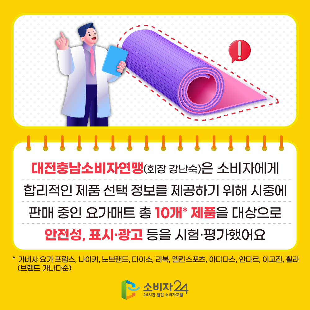 대전충남소비자연맹(회장 강난숙)은 소비자에게 합리적인 제품 선택 정보를 제공하기 위해 시중에 판매 중인 요가매트 총 10개* 제품을 대상으로 안전성, 표시ㆍ광고 등을 시험ㆍ평가했다. * 가네샤 요가 프랍스, 나이키, 노브랜드, 다이소, 리복, 멜킨스포츠, 아디다스, 안다르, 이고진, 휠라 (브랜드 가나다순)