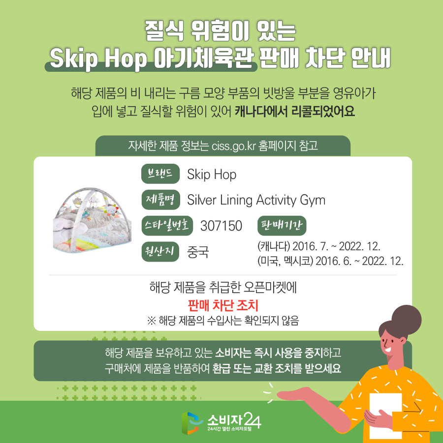 질식 위험이 있는 Skip Hop 아기체육관 판매 차단 안내 해당 제품의 비 내리는 구름 모양 부품의 빗방울 부분을 영유아가 입에 넣고 질식할 위험이 있어 캐나다에서 리콜되었어요. 자세한 제품 정보는 ciss.go.kr 홈페이지 참고 브랜드 Skip Hop 제품명 Silver Lining Activity Gym 스타일번호 307150 원산지 중국 판매기간 (캐나다) 2016. 7. ~ 2022. 12. (미국, 멕시코) 2016. 6. ~ 2022. 12. 해당 제품을 취급한 오픈마켓에 판매차단 조치   ※ 해당 제품의 수입사는 확인되지 않음. 해당 제품을 보유하고 있는 소비자는 즉시 사용을 중지하고 수입·판매사가 확인될 경우에는 연락을 통해 보상 등의 조치를 받으세요 