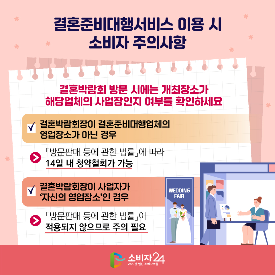 결혼준비대행서비스 이용 시 소비자 주의사항 1) 계약 시, 계약조건을 꼼꼼히 확인하세요 - 계약 전 상품내용(발생 가능한 추가비용 등), 환불·위약금 조건 등 2) 주요 내용은 계약서에 기재하고 거래 관련 증빙서류를 보관하세요 3) 결제 시 현금결제는 지양하고 가급적 신용카드 할부거래를 이용하세요