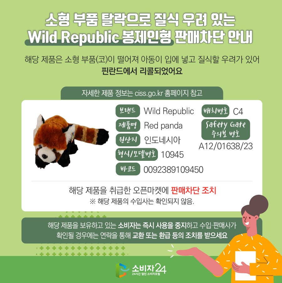 소형 부품 탈락으로 질식 우려 있는 Wild Republic 봉제인형 판매차단 안내 해당 제품은 소형 부품(코)이 떨어져 아동이 입에 넣고 질식할 우려가 있어 핀란드에서 리콜되었어요. 자세한 제품 정보는 ciss.go.kr 홈페이지 참고  브랜드 Wild Republic 제품명 Red panda 원산지 인도네시아 형식/모델번호 10945 바코드 0092389109450 배치번호 C4 Safety Gate 주의보 번호 A12/01638/23 해당 제품을 취급한 오픈마켓에 판매차단 조치  ※ 해당 제품의 수입사는 확인되지 않음. 해당 제품을 보유하고 있는 소비자는 즉시 사용을 중지하고 수입·판매사가 확인될 경우에는 연락을 통해 반품 및 환급 등의 조치를 받으세요.