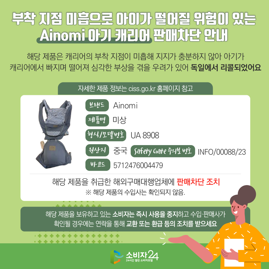 부착 지점 미흡으로 아이가 떨어질 위험이 있는 Ainomi 아기 캐리어 판매차단 안내 해당 제품은 캐리어의 부착 지점이 미흡해 지지가 충분하지 않아 아기가 캐리어에서 빠지며 떨어져 심각한 부상을 겪을 우려가 있어 독일에서 리콜되었어요.  자세한 제품 정보는 ciss.go.kr 홈페이지 참고 브랜드 Ainomi 제품명 미상 형식/모델번호 UA 8908 원산지 중국 바코드 5712476004479 Safety Gate 주의보 번호 INFO/00088/23   해당 제품을 취급한 해외구매대행업체에 판매차단 조치  ※ 해당 제품의 수입사는 확인되지 않음. 해당 제품을 보유하고 있는 소비자는 즉시 사용을 중지하고 수입·판매사가 확인될 경우에는 연락을 통해 반품 및 환급 등의 조치를 받으세요.