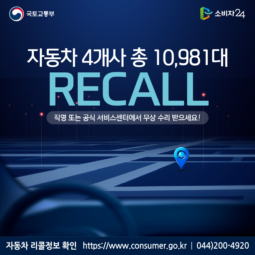 국토교통부 자동차 4개사 총 10981대 리콜 직영 또는 공식 서비스센터에서 무상 수리 받으세요! 자동차 리콜정보 확인 소비자24 https://www.consumer.go.kr 044-200-4920