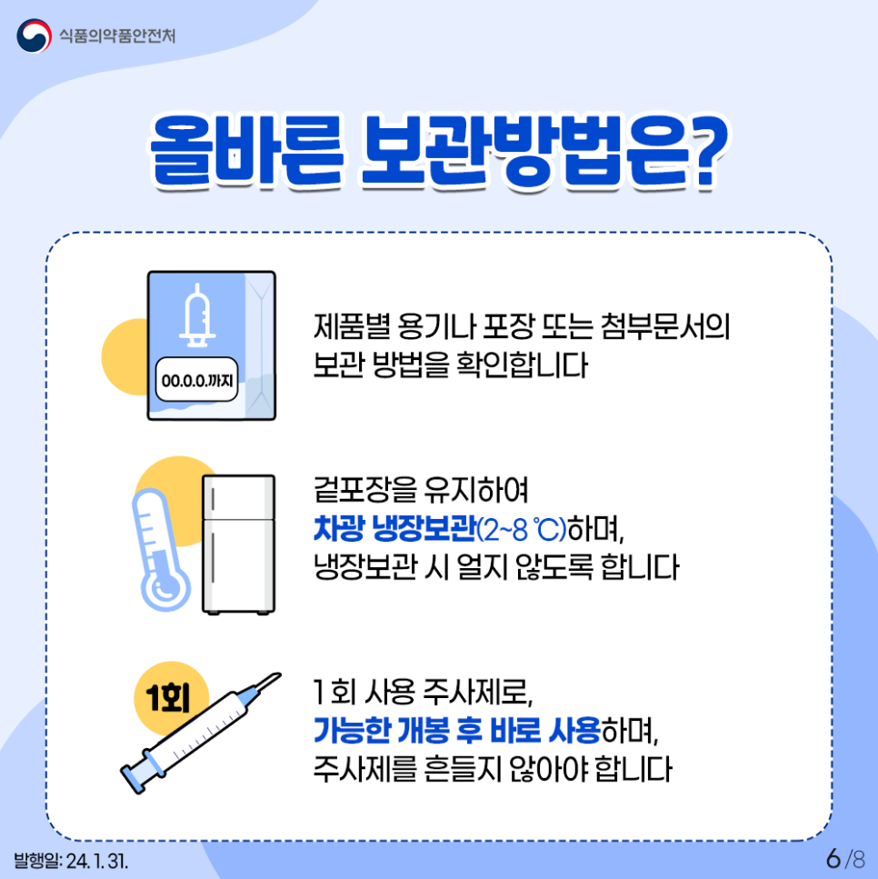 #6 올바른 보관방법은?  1. 제품별 용기나  포장 또는 첨부문서의 보관 방법을 확인합니다. 2. 겉포장을 유지하여 차광 냉장 보관(2~8 ℃) 하며,  냉장 보관 시 얼지 않도록 합니다. 3. 1회 사용 주사제로, 가능한 개봉 후 바로 사용하며,  주사제를 흔들지 않아야 합니다.