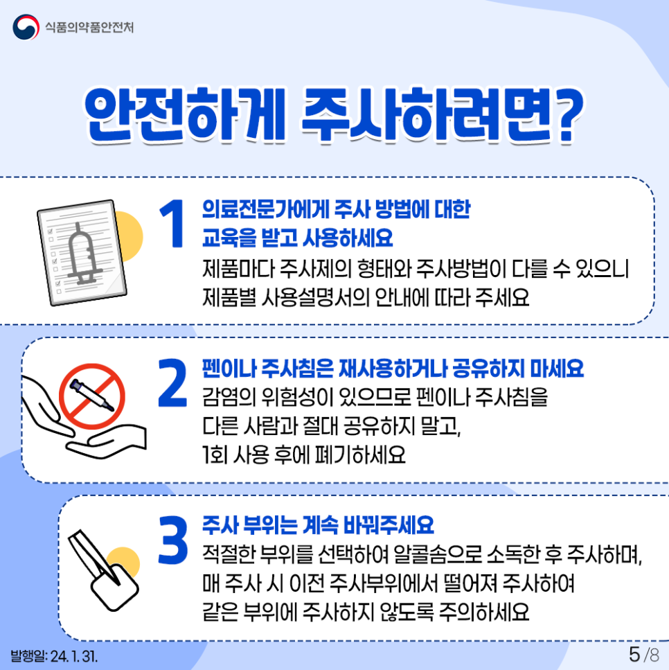 #5 안전하게 주사하려면?   1. 의료전문가에게 주사 방법에 대한 교육을 받고 사용하세요 제품마다 주사제의 형태와 주사방법이 다를 수 있으니 제품별 사용설명서의 안내에 따라 주세요. 2. 펜이나 주사침은 재사용하거나 공유하지 마세요 감염의 위험성이 있으므로 펜이나 주사침을  다른 사람과 절대 공유하지 마록,  1회 사용 후에 폐기하세요 3. 주사 부위는 계속 바꿔주세요. 적절한 부위를 선택하여 알콜솜으로 소독한 후 주사하며,  매 주사 시 이전 주사부위에서 떨어져 주사하여  같은 부위에 주사하지 않도록 주의하세요