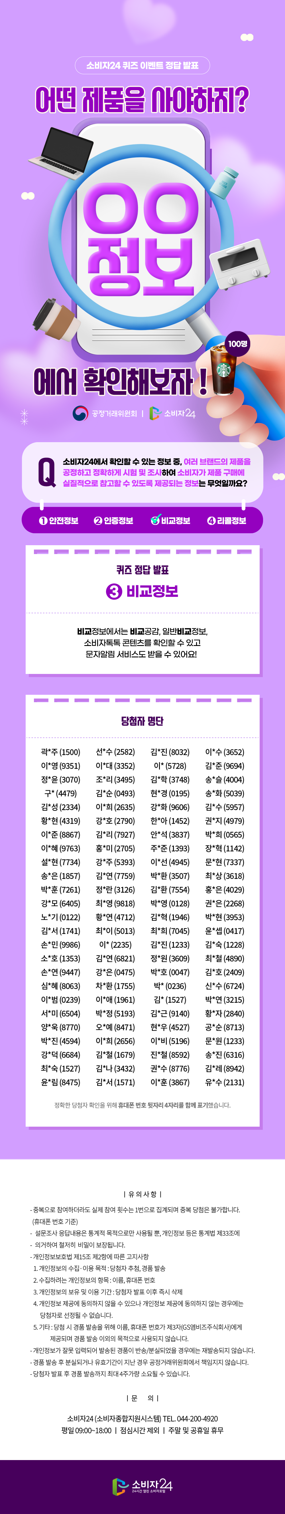 퀴즈 정답 발표 : 비교정보, 비교정보에서는 비교공감, 일반비교정보, 소비자톡톡 컨텐츠를 확인할 수 있고 문자알림 서비스도 받을 수 있어요!  이벤트 당첨자 명단(100명) 곽*주(1500)선*수(2582)김*진(8032)이*수(3652)이*영(9351) 이*대(3352)이*(5728)            김*준(9694)정*윤(3070)조*리(3495) 김*학(3748)송*슬(4004)구*(4479)            김*순(0493)현*경(0195) 송*화(5039)김*성(2334)이*희(2635)강*화(9606)김*수(5957) 황*현(4319)강*호(2790)한*아(1452)권*지(4979)이*준(8867) 김*리(7927)안*석(3837)박*희(0565)이*혜(9763)홍*미(2705) 주*준(1393)장*혁(1142)설*현(7734)강*주(5393)이*선(4945) 문*현(7337)송*은(1857)김*연(7759)박*환(3507)최*상(3618) 박*훈(7261)정*란(3126)김*환(7554)홍*은(4029)강*모(6405) 최*영(9818)박*영(0128)권*은(2268)노*기(0122)황*연(4712) 김*혁(1946)박*현(3953)김*서(1741)최*이(5013)최*희(7045) 윤*셉(0417)손*민(9986)이*(2235)            김*진(1233)김*숙(1228) 소*호(1353)김*연(6821)정*원(3609)최*철(4890)손*연(9447) 강*은(0475)박*호(0047)김*호(2409)심*혜(8063)차*환(1755) 박*(0236)            신*수(6724)이*범(0239)이*애(1961)김*(1527) 박*연(3215)서*미(6504)박*정(5193)김*근(9140)황*자(2840) 양*욱(8770)오*예(8471)현*우(4527)공*순(8713)박*진(4594) 이*희(2656)이*비(5196)문*원(1233)강*덕(6684)김*철(1679) 전*철(8592)송*진(6316)최*숙(1527)김*나(3432)권*수(8776) 김*레(8942)윤*림(8475)김*서(1571)이*훈(3867)유*수(2131)  <유의사항> - 중복으로 참여하더라도 실제 참여 횟수는 1번으로 집계되며 중복 당첨은 불가합니다. (휴대폰번호 기준) - 설문조사 응답내용은 통계적 목적으로만 사용될 뿐, 개인정보 등은 통계법 제33조에 의거하여 철저히 비밀이 보장됩니다. - 개인정보보호법 제15조 제2항에 따른 고지사항    1. 개인정보의 수집·이용 목적 : 당첨자 추첨, 경품 발송    2. 수집하려는 개인정보의 항목 : 이름, 휴대폰 번호    3. 개인정보의 보유 및 이용 기간 : 당첨자 발표 이후 즉시 삭제    4. 개인정보 제공에 동의하지 않을 수 있으나 개인정보 제공에 동의하지 않는 경우에는 당첨자로 선정될 수 없습니다.    5. 기타 : 당첨 시 경품 발송을 위해 이름, 휴대폰번호가 제3자(GS엠비즈주식회사)에게 제공되며 경품 발송 이외의 목적으로 사용되지 않습니다. - 개인정보가 잘못 입력되어 발송된 경품이 반송/분실되었을 경우에는 재발송되지 않습니다 - 경품 발송 후 분실되거나 유효기간이 지난 경우 공정거래위원회에서 책임지지 않습니다. - 당첨자 발표 후 경품 발송까지 최대 4주가량 소요될 수 있습니다. <문의>  - 소비자24(소비자종합지원시스템) TEL. 044-200-4920  - 평일 09:00~18:00 / 점심시간 제외 / 주말 및 공휴일 휴무