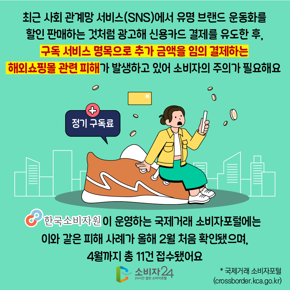 최근 사회 관계망 서비스(SNS)에서 유명 브랜드 운동화를 할인 판매하는 것처럼 광고해 신용카드 결제를 유도한 후, 구독 서비스 명목으로 추가 금액을 임의 결제하는 해외쇼핑몰 관련 피해가 발생하고 있어 소비자의 주의가 필요해요 한국소비자원이 운영하는 국제거래 소비자포털에는 이와 같은 피해 사례가 올해 2월 처음 확인됐으며, 4월까지 총 11건 접수됐어요 * 국제거래 소비자포털 (crossborder.kca.go.kr) 