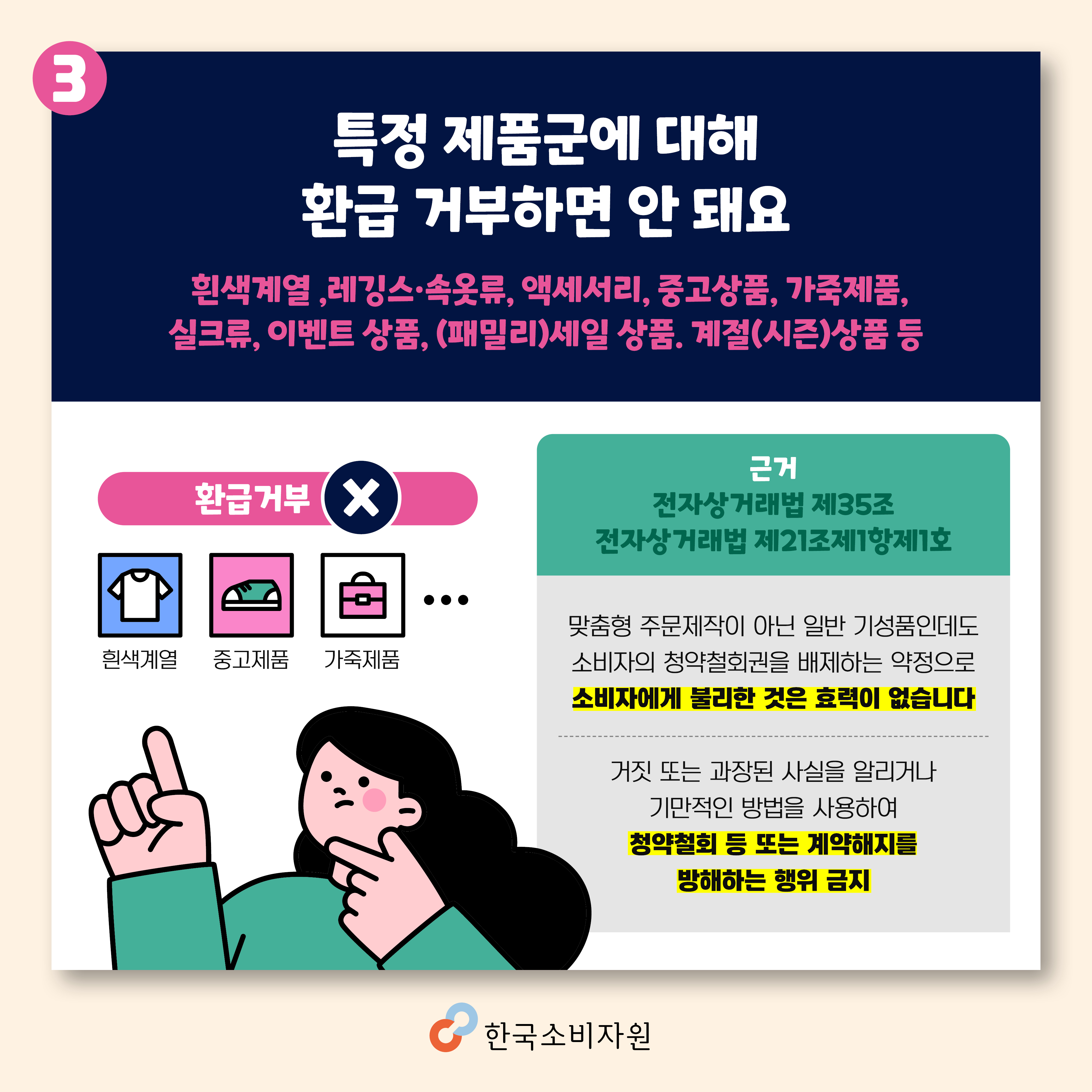 특정 제품군에 대해 환급 거부하면 안돼요(흰색계열, 레깅스·속옷류, 액세서리, 중고상품, 가죽제품, 실크류, 이벤트 상품, (패밀리)세일 상품, 계절(시즌)상품 등) 전자상거래법 제35조, 전자상거래법 제21조제1항제1호/ 맞춤형 주문제작이 아닌 일반 기성품인데도 소비자의 청약철회권을 배제하는 약정으로 소비자에게 불리한 것은 효력이 없습니다. 거짓 또는 과장된 사실을 알리거나 기만적인 방법을 사용하여 청약철회 또는 계약해지를 방해하는 행위 금지 