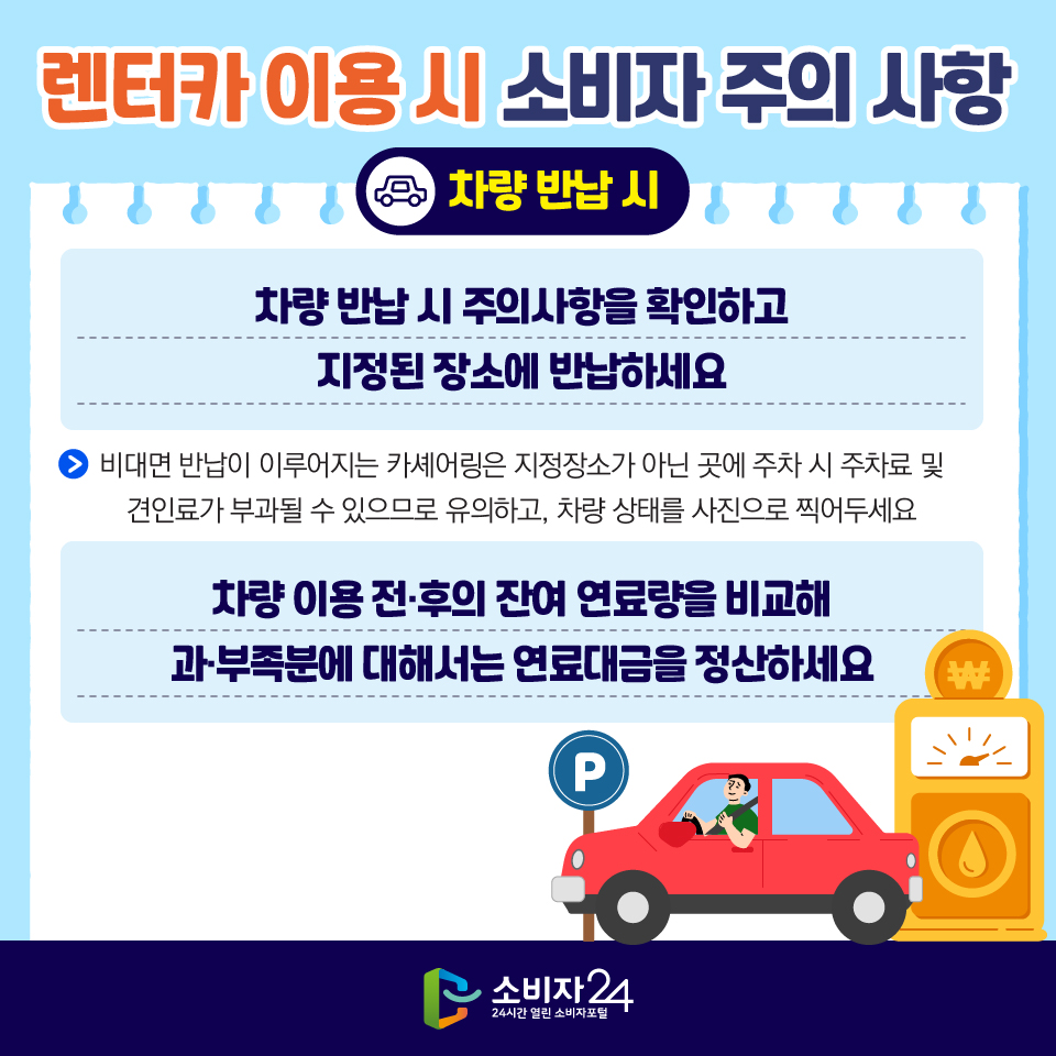 렌터카 이용 시 소비자 주의 사항 [차량 반납 시] 1) 차량 반납 시 주의사항을 확인하고 지정된 장소에 반납하세요 - 비대면 반납이 이루어지는 카셰어링은 지정장소가 아닌 곳에 주차 시 주차료 및 견인료가 부과될 수 있으므로 유의하고, 차량 상태를 사진으로 찍어두세요 2) 차량 이용 전·후의 잔여 연료량을 비교해 과·부족분에 대해서는 연료대금을 정산하세요 