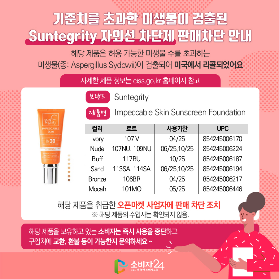 기준치를 초과한 미생물이 검출된 Suntegrity 자외선 차단제 판매차단 안내 해당 제품은 허용 가능한 미생물 수를 초과하는 미생물(종: Aspergillus Sydowii)이 검출되어 미국에서 리콜되었어요 자세한 제품 정보는 ciss.go.kr 홈페이지 참고 브랜드 Suntegrity 제품명 Impeccable Skin Sunscreen Foundation 컬러/로트/사용기한/UPC Ivory/107IV/04/25/854245006170,  Nude/107NU, 109NU/06/25,10/25/854245006224, Buff/117BU/10/25/854245006187, Sand/113SA, 114SA/06/25,10/25/854245006194, Bronze/106BR/04/25/854245006217, Mocah/101MO/05/25/854245006446 해당 제품을 취급한 오픈마켓 사업자에 판매 차단 조치  ※ 해당 제품의 수입사는 확인되지 않음. 해당 제품을 보유하고 있는 소비자는 즉시 사용을 중단하고 구입처에 교환, 환불 등이 가능한지 문의하세요 ~