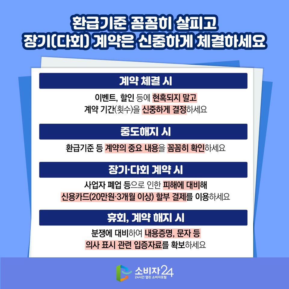 환급기준 꼼꼼히 살피고 장기(다회) 계약은 신중하게 체결하세요 [계약 체결 시] 이벤트, 할인 등에 현혹되지 말고 계약 기간(횟수)을 신중하게 결정하세요 [중도해지 시] 환급기준 등 계약의 중요 내용을 꼼꼼히 확인하세요 [장기·다회 계약 시] 사업자 폐업 등으로 인한 피해에 대비해 신용카드(20만원·3개월 이상) 할부 결제를 이용하세요 [휴회, 계약 해지 시] 분쟁에 대비하여 내용증명, 문자 등 의사 표시 관련 입증자료를 확보하세요 