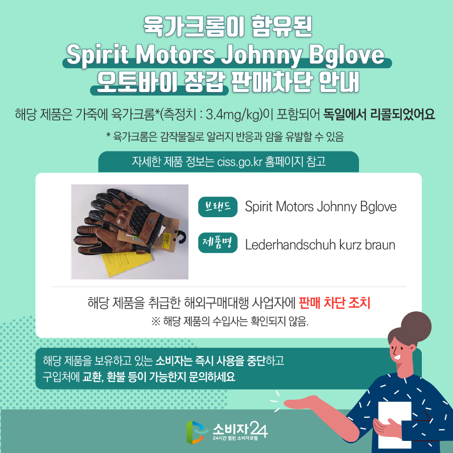 육가크롬이 함유된 Spirit Motors Johnny Bglove 오토바이 장갑 판매차단 안내 해당 제품은 가죽에 육가크롬*(측정치 : 3.4mg/kg)이 포함되어 독일에서 리콜되었어요 * 육가크롬은 감작물질로 알러지 반응과 암을 유발할 수 있음 (자세한 제품 정보는 ciss.go.kr 홈페이지 참고) 브랜드 Spirit Motors Johnny Bglove 제품명 Lederhandschuh kurz braun 해당 제품을 취급한 해외구매대행 사업자에 판매 차단 조치 ※ 해당 제품의 수입사는 확인되지 않음. 해당 제품을 보유하고 있는 소비자는 즉시 사용을 중단하고 구입처에 교환, 환불 등이 가능한지 문의하세요