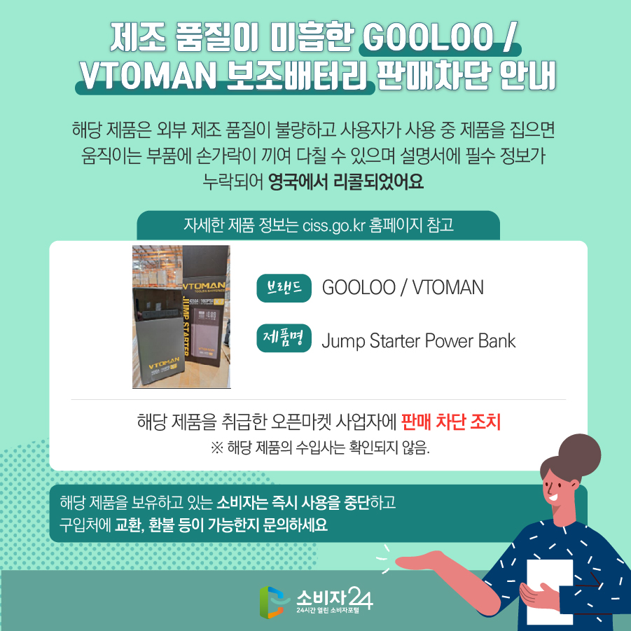 제조 품질이 미흡한 GOOLOO / VTOMAN 보조배터리 판매차단 안내 해당 제품은 외부 제조 품질이 불량하고 사용자가 사용 중 제품을 집으면 움직이는 부품에 손가락이 끼여 다칠 수 있으며 설명서에 필수 정보가 누락되어 영국에서 리콜되었어요 (자세한 제품 정보는 ciss.go.kr 홈페이지 참고) 브랜드 GOOLOO / VTOMAN 제품명 Jump Starter Power Bank 해당 제품을 취급한 오픈마켓 사업자에 판매 차단 조치 ※ 해당 제품의 수입사는 확인되지 않음. 해당 제품을 보유하고 있는 소비자는 즉시 사용을 중단하고 구입처에 교환, 환불 등이 가능한지 문의하세요