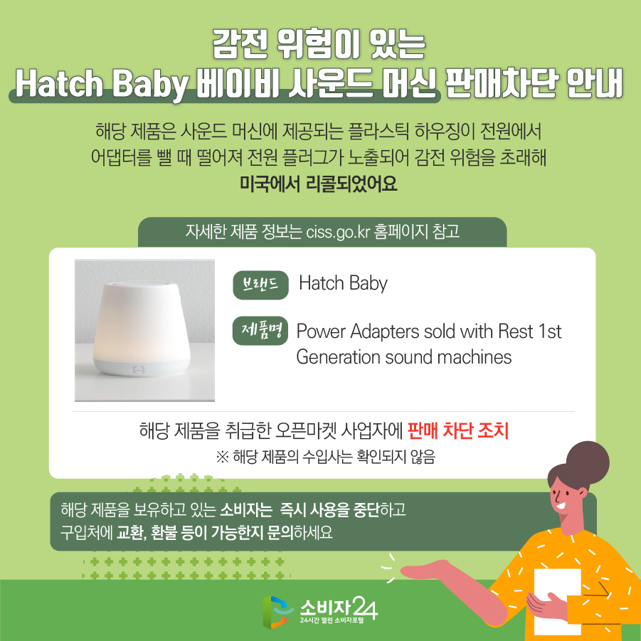 감전 위험이 있는 Hatch Baby 베이비 사운드 머신 판매차단 안내 해당 제품은 사운드 머신에 제공되는 플라스틱 하우징이 전원에서 어댑터를 뺄 때 떨어져 전원 플러그가 노출되어 감전 위험을 초래해 미국에서 리콜되었어요 (자세한 제품 정보는 ciss.go.kr 홈페이지 참고) 브랜드 Hatch Baby 제품명 Power Adapters sold with Rest 1st Generation sound machines 해당 제품을 취급한 오픈마켓 사업자에 판매 차단 조치 ※ 해당 제품의 수입사는 확인되지 않음. 해당 제품을 보유하고 있는 소비자는 즉시 사용을 중단하고 구입처에 교환, 환불 등이 가능한지 문의하세요