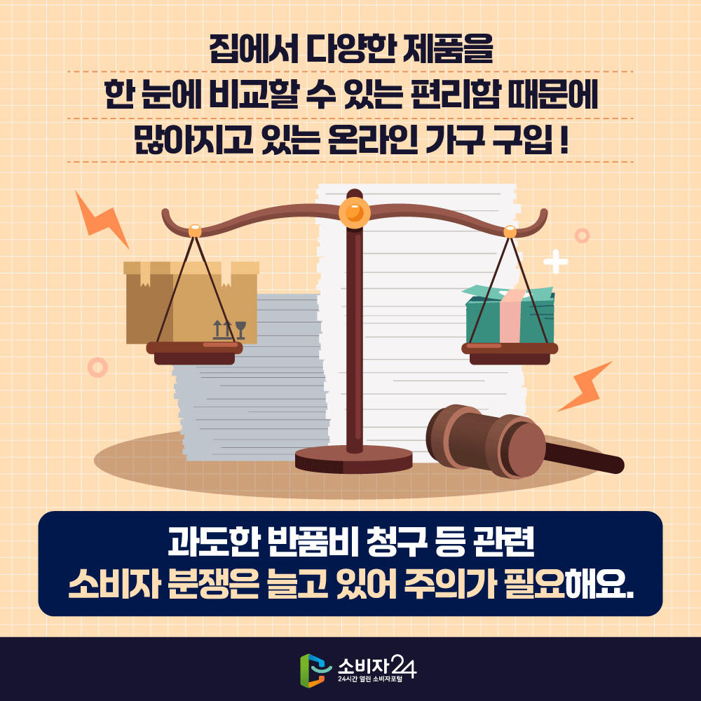 집에서 다양한 제품을 한눈에 비교할 수 있는 편리함 때문에 많아지고 있는 온라인 가구 구입!과도한 반품비 청구 등 관련 소비자 분쟁은 늘고 있어 주의가 필요해요.