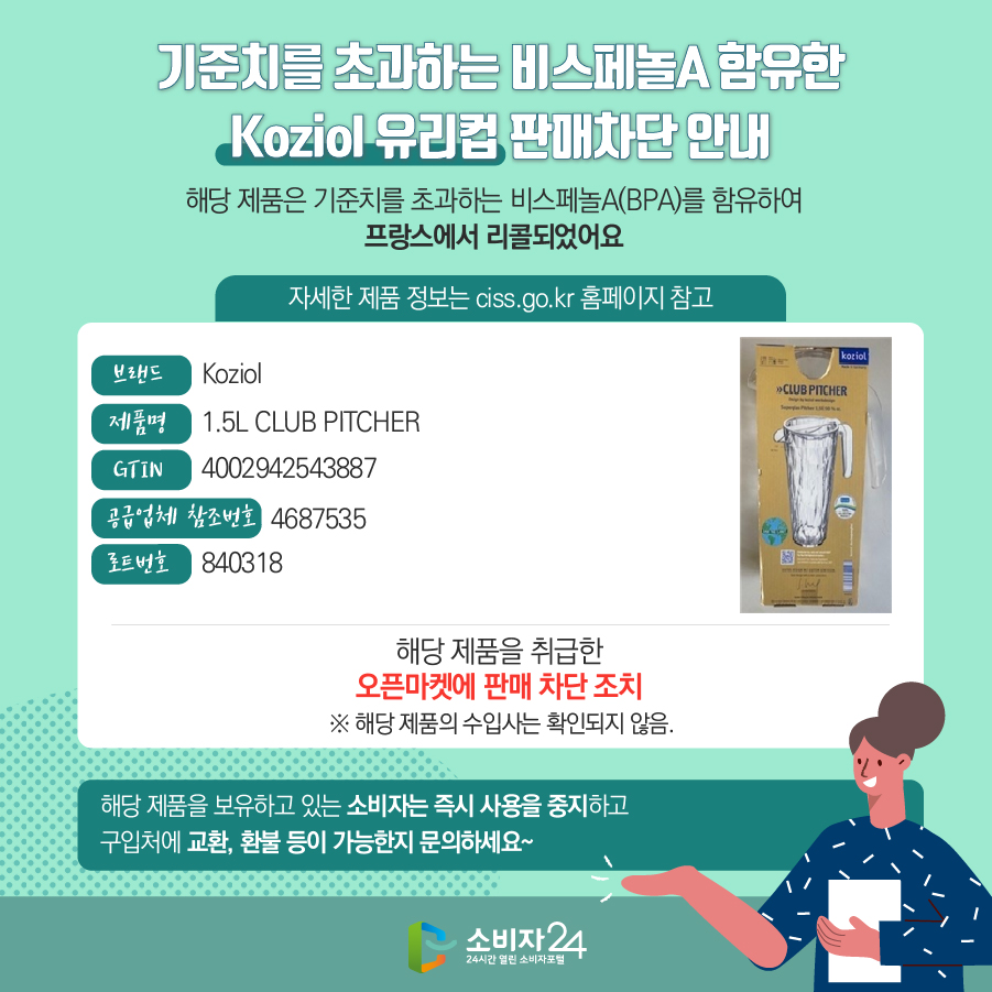 기준치를 초과하는 비스페놀A 함유한 Koziol 유리컵 판매차단 안내 해당 제품은 기준치를 초과하는 비스페놀A(BPA)를 함유하여 프랑스에서 리콜되었어요 자세한 제품 정보는 ciss.go.kr 홈페이지 참고 브랜드 Koziol 제품명 1.5L CLUB PITCHER GTIN Koziol 공급업체 참조번호 4687535 로트번호 840318 해당 제품을 취급한 오픈마켓에 판매 차단 조치  ※ 해당 제품의 수입사는 확인되지 않음. 해당 제품을 보유하고 있는 소비자는 즉시 사용을 중지하고 구입처에 교환, 환불 등이 가능한지 문의하세요~