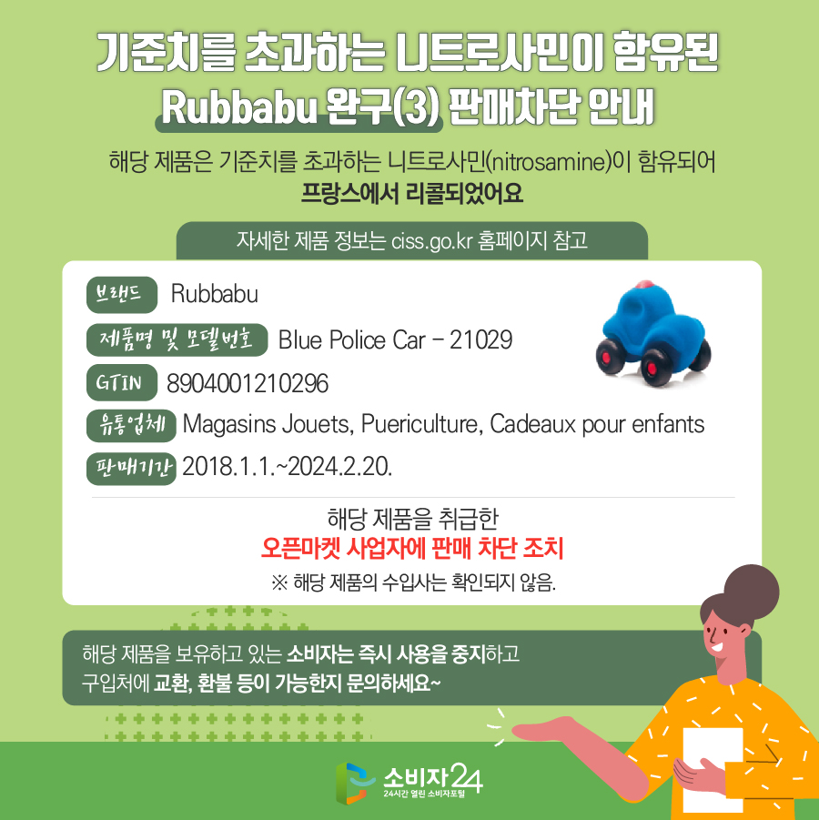 기준치를 초과하는 니트로사민이 함유된 Rubbabu 완구(3) 판매차단 안내 해당 제품은 기준치를 초과하는 니트로사민(nitrosamine)이 함유되어 프랑스에서 리콜되었어요 (자세한 제품 정보는 ciss.go.kr 홈페이지 참고) 브랜드 Rubbabu 제품명 및 모델번호 Blue Police Car - 21029 GTIN 8904001210296 유통업체 Magasins Jouets, Puericulture, Cadeaux pour enfants 판매기간 2018.1.1.~2024.2.20. 해당 제품을 취급한 오픈마켓 사업자에 판매 차단 조치  ※ 해당 제품의 수입사는 확인되지 않음. 해당 제품을 보유하고 있는 소비자는 즉시 사용을 중지하고 구입처에 교환, 환불 등이 가능한지 문의하세요~