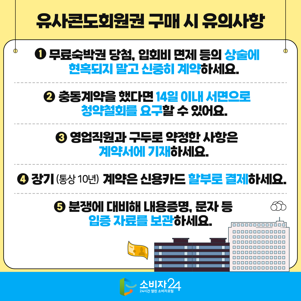 유사콘도회원권 구매시 유의사항 ▲ 무료숙박권 당첨, 입회비 면제 등의 상술에 현혹되지 말고 신중히 계약하세요 ▲ 충동계약을 했다면 14일 이내 서면으로 청약철회를 요구할 수 있어요 ▲ 영업직원과 구두로 약정한 사항은 계약서에 기재하세요 ▲ 장기(통상 10년) 계약은 신용카드 할부로 결제하세요 ▲ 분쟁에 대비해 내용증명, 문자 등 입증자료를 보관하세요