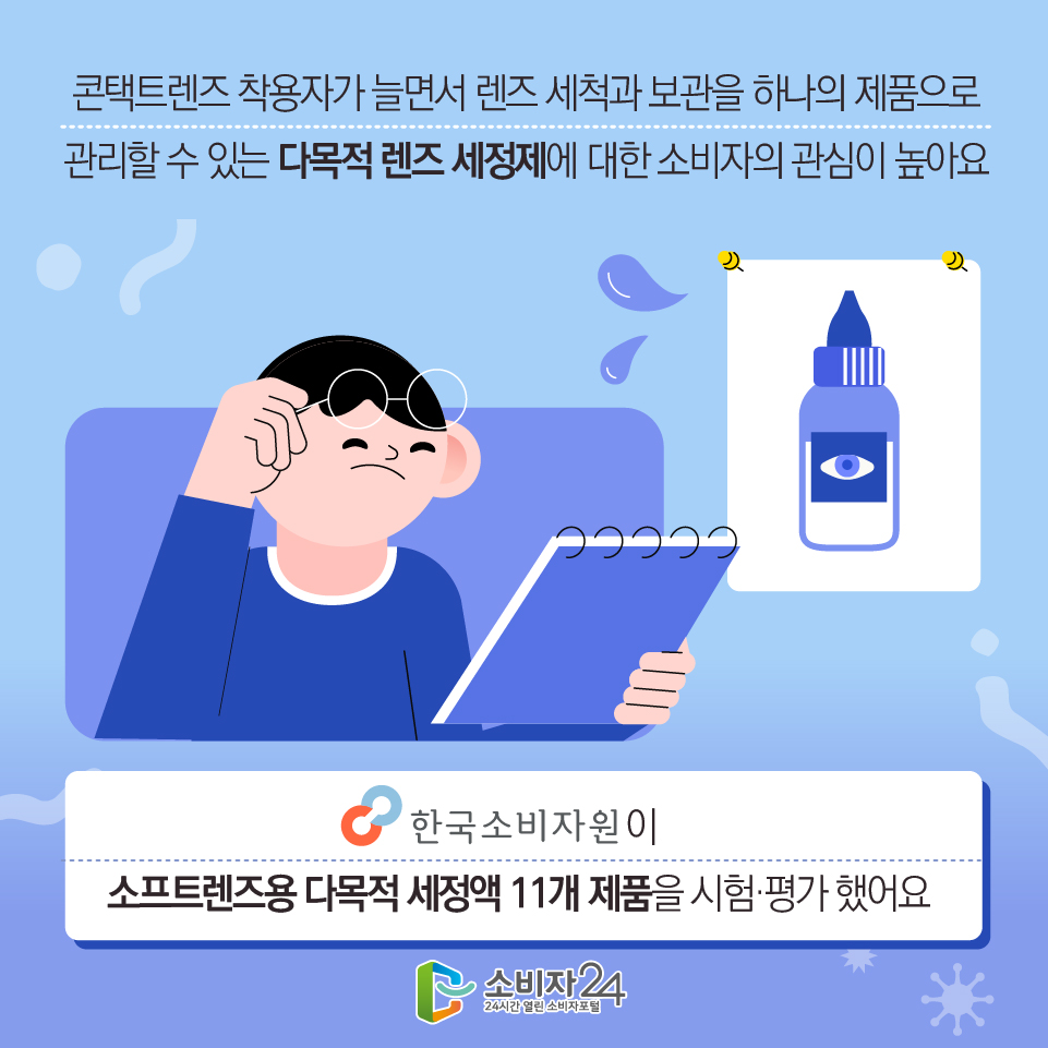 콘택트렌즈 착용자가 늘면서 렌즈 세척과 보관을 하나의 제품으로 관리할 수 있는 다목적 렌즈 세정제에 대한 소비자의 관심이 높아요 한국소비자원이 소프트렌즈용 다목적 세정액 11개 제품을 시험·평가 했어요 