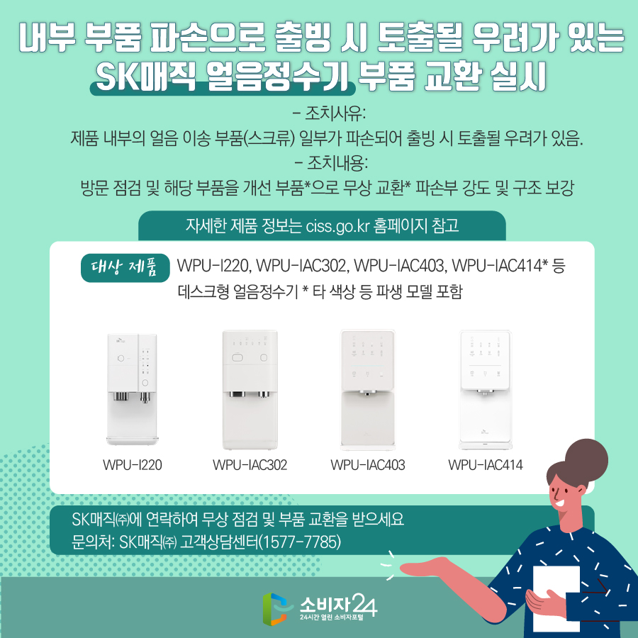 내부 부품 파손으로 출빙 시 토출될 우려가 있는 SK매직 얼음정수기 부품 교환 실시  - 조치사유: 제품 내부의 얼음 이송 부품(스크류) 일부가 파손되어 출빙 시 토출될 우려가 있음. - 조치내용: 방문 점검 및 해당 부품을 개선 부품*으로 무상 교환* 파손부 강도 및 구조 보강 자세한 제품 정보는 ciss.go.kr 홈페이지 참고 대상제품 : WPU-I220, WPU-IAC302, WPU-IAC403, WPU-IAC414* 등 데스크형 얼음정수기 * 타 색상 등 파생 모델 포함 SK매직㈜에 연락하여 무상 점검 및 부품 교환을 받으세요 문의처: SK매직㈜ 고객상담센터(1577-7785)