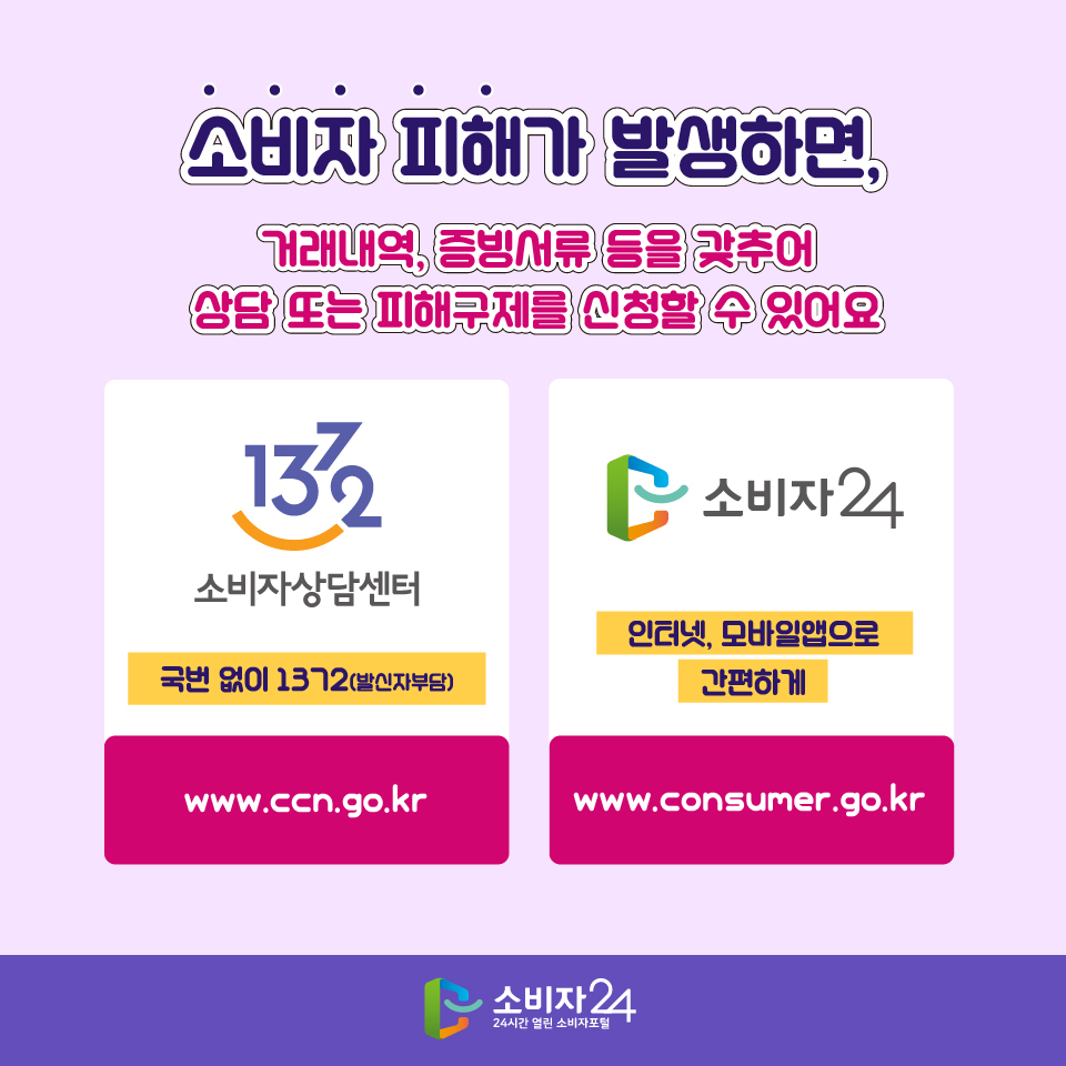 소비자 피해가 발생하면, 거래내역, 증빙서류 등을 갖추어 상담 또는 피해구제를 신청할 수 있어요. 소비자상담센터 국번 없이 1372(발신자부담) www.ccn.go.kr / 소비자24 인터넷, 모바일앱으로 간편하게 www.consumer.go.kr