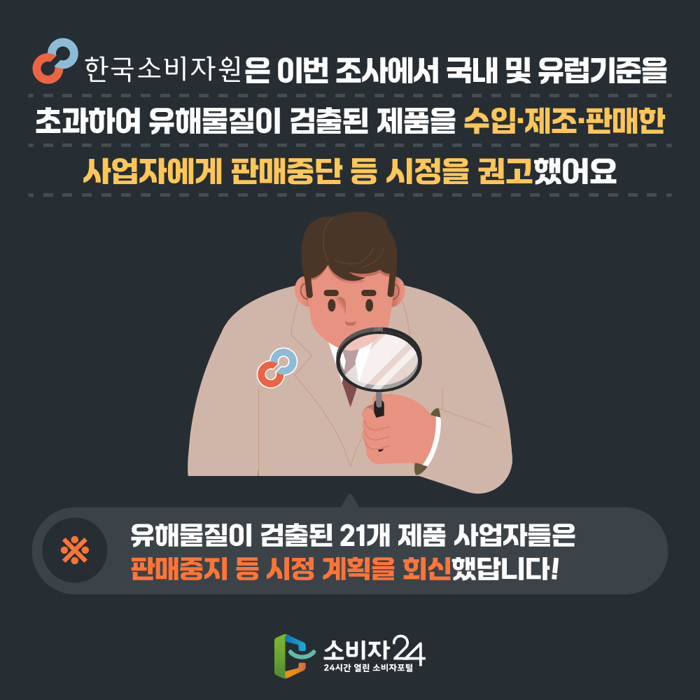 한국소비자원은 이번 조사에서 국내 및 유럽기준을 초과하여 유해물질이 검출된 제품을 수입ㆍ제조‧판매한 사업자에게 판매중단 등 시정을 권고했어요. ※ 유해물질이 검출된 21개 제품 사업자들은 판매중지 등 시정 계획을 회신했답니다! 