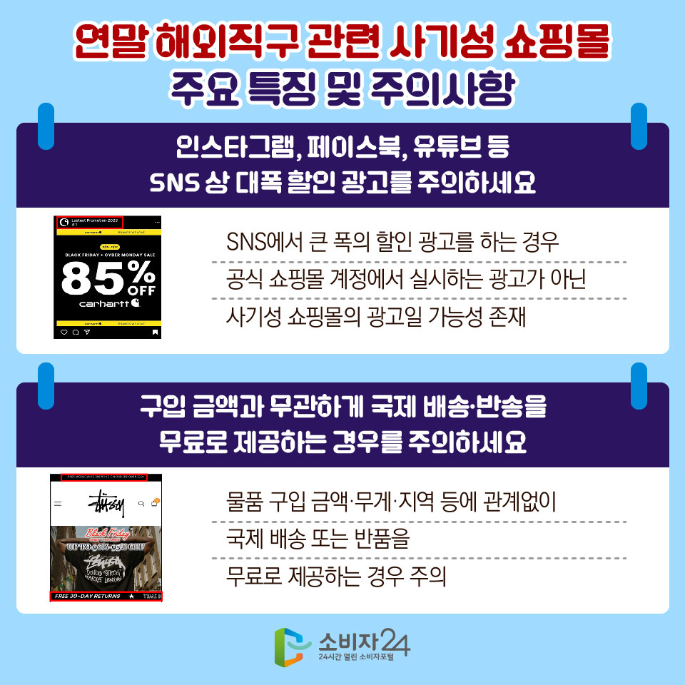 연말 해외직구 관련 사기성 쇼핑몰 주요 특징 및 주의사항 1) 인스타그램, 페이스북, 유튜브 등 SNS 상 대폭 할인 광고를 주의하세요 - SNS에서 큰 폭의 할인 광고를 하는 경우 공식 쇼핑몰 계정에서 실시하는 광고가 아닌 사기성 쇼핑몰의 광고일 가능성 존재 2) 구입 금액과 무관하게 국제 배송·반송을 무료로 제공하는 경우를 주의하세요 - 물품 구입 금액·무게·지역 등에 관계없이 국제 배송 또는 반품을 무료로 제공하는 경우 주의