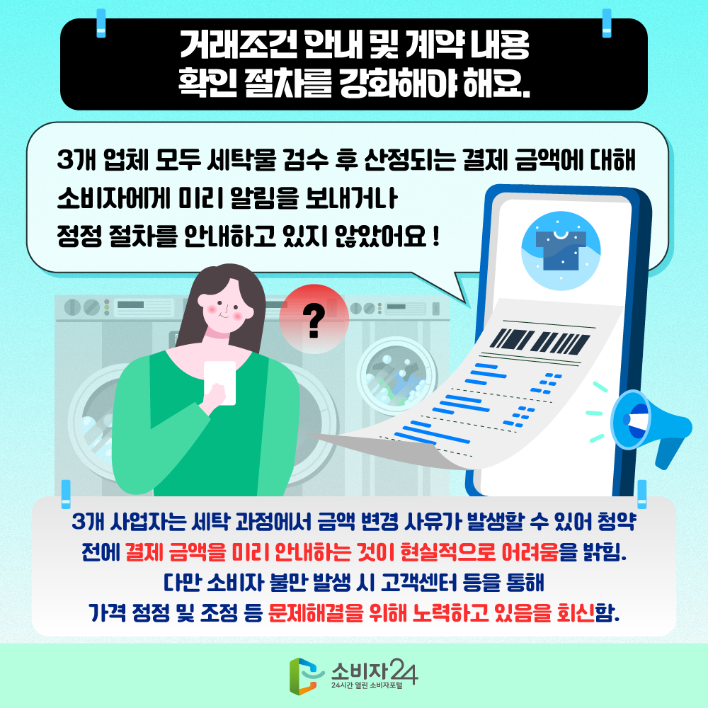 ☐ 거래조건 안내 및 계약 내용 확인 절차를 강화해야 해요  3개 업체 모두 세탁물 검수 후 산정되는 결제 금액에 대해 소비자에게 미리 알림을 보내거나 정정 절차를 안내하고 있지 않았어요. ※ 3개 사업자는 세탁 과정에서 금액 변경 사유가 발생할 수 있어 청약 전에 결제 금액을 미리 안내하는 것이 현실적으로 어려움을 밝힘. 다만 소비자 불만 발생 시 고객센터 등을 통해 가격 정정 및 조정 등 문제해결을 위해 노력하고 있음을 회신함.