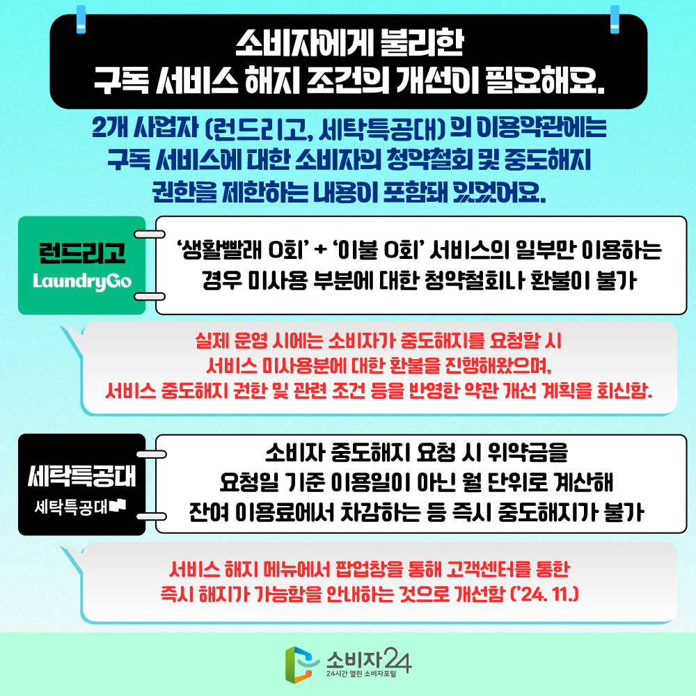 ☐ 소비자에게 불리한 구독 서비스 해지 조건의 개선이 필요해요  2개 사업자(런드리고, 세탁특공대)의 이용약관에는 구독 서비스에 대한 소비자의 청약철회 및 중도해지 권한을 제한하는 내용이 포함돼 있었어요.  - 런드리고 : ‘생활빨래 O회+이불 O회’ 서비스의 일부만 이용하는 경우 미사용 부분에 대한 청약철회나 환불이 lt_불가 - 세탁특공대 : 소비자 중도해지 요청 시 위약금을 요청일 기준 이용일이 아닌 월 단위로 계산해 잔여 이용료에서 차감하는 등 즉시 중도해지가 불가 ▶ (런드리고) 실제 운영 시에는 소비자가 중도해지를 요청할 시 서비스 미사용분에 대한 환불을 진행해왔으며, 서비스 중도해지 권한 및 관련 조건 등을 반영한 약관 개선 계획을 회신함. ▶ (세탁특공대) 서비스 해지 메뉴에서 팝업창을 통해 고객센터를 통한 즉시 해지가 가능함을 안내하는 것으로 개선함(’24. 11.).