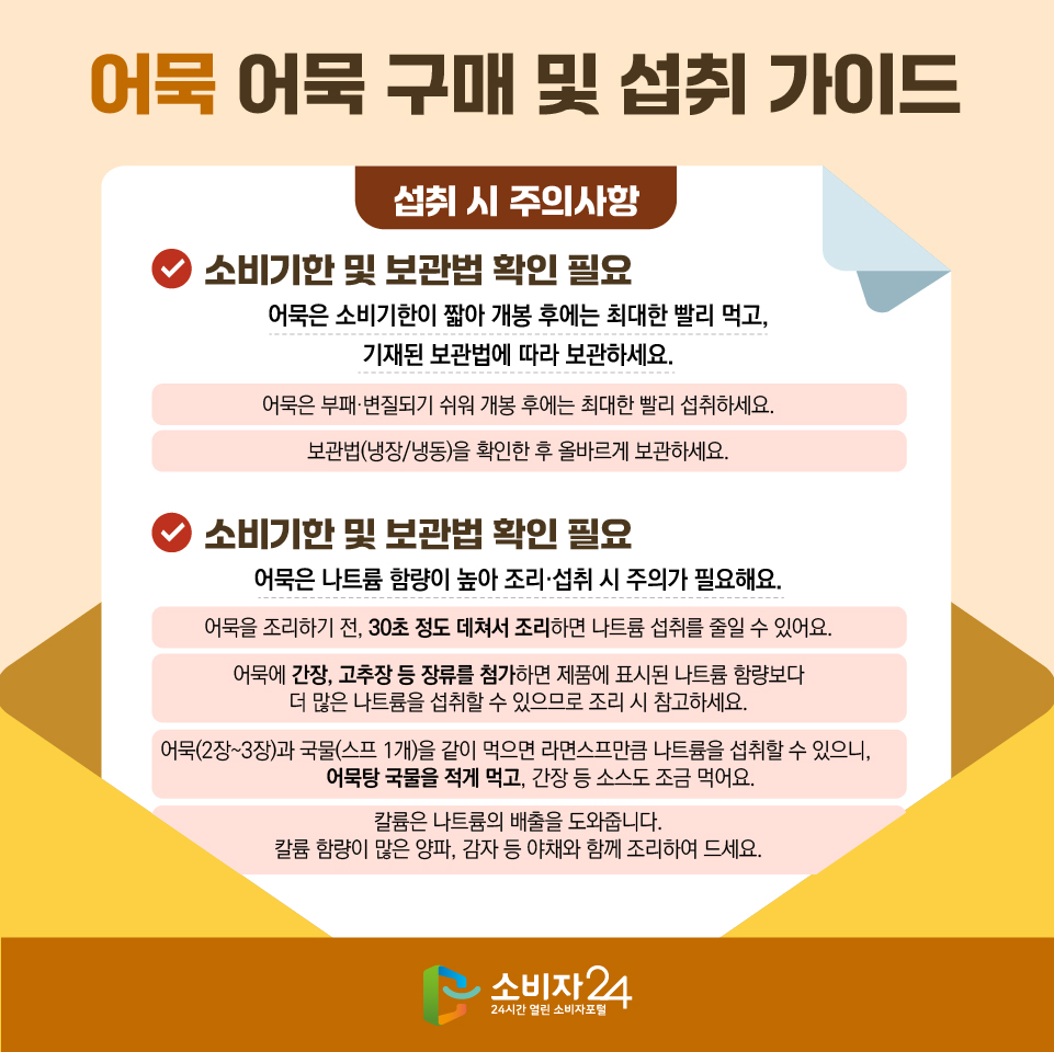 어묵 어묵 구매 및 섭취 가이드 [섭취 시 주의사항] 1) 소비기한 및 보관법 확인 필요 : 어묵은 소비기한이 짧아 개봉 후에는 최대한 빨리 먹고, 기재된 보관법에 따라 보관하세요. - 어묵은 부패·변질되기 쉬워 개봉 후에는 최대한 빨리 섭취하세요. - 보관법(냉장/냉동)을 확인한 후 올바르게 보관하세요. 2) 소비기한 및 보관법 확인 필요 : 어묵은 나트륨 함량이 높아 조리·섭취 시 주의가 필요해요. - 어묵을 조리하기 전, 30초 정도 데쳐서 조리하면 나트륨 섭취를 줄일 수 있어요. - 어묵에 간장, 고추장 등 장류를 첨가하면 제품에 표시된 나트륨 함량보다 더 많은 나트륨을 섭취할 수 있으므로 조리 시 참고하세요. - 어묵(2장~3장)과 국물(스프 1개)을 같이 먹으면 라면스프만큼 나트륨을 섭취할 수 있으니, 어묵탕 국물을 적게 먹고, 간장 등 소스도 조금 먹어요. - 칼륨은 나트륨의 배출을 도와줍니다. 칼륨 함량이 많은 양파, 감자 등 야채와 함께 조리하여 드세요.