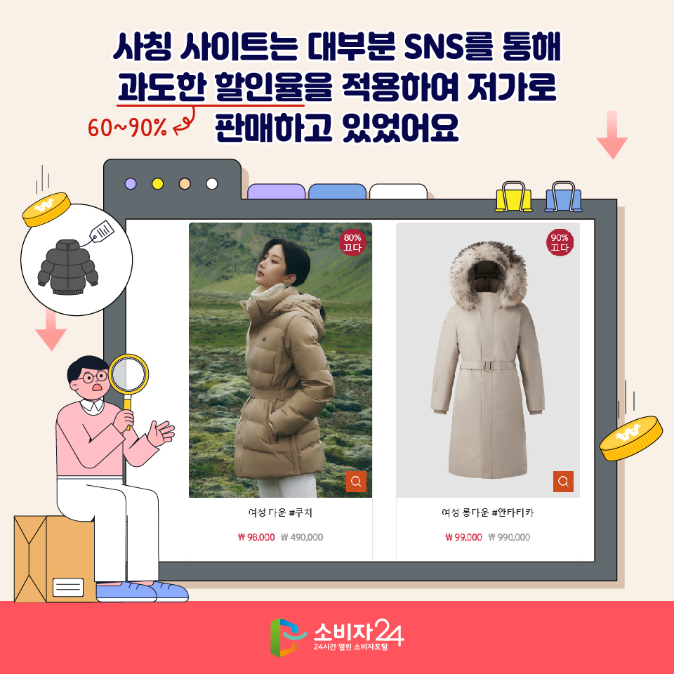 사칭 사이트는 대부분 SNS를 통해 과도한 할인율(60~90%)을 적용하여 저가로 판매하고 있었어요