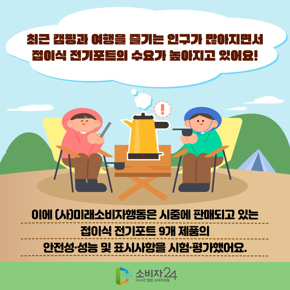 최근 캠핑과 여행을 즐기는 인구가 많아지면서 접이식 전기포트의 수요가 높아지고 있어요! 이에 (사)미래소비자행동은 시중에 판매되고 있는 접이식 전기포트 9개 제품의 안전성·성능 및 표시사항을 시험·평가했어요.