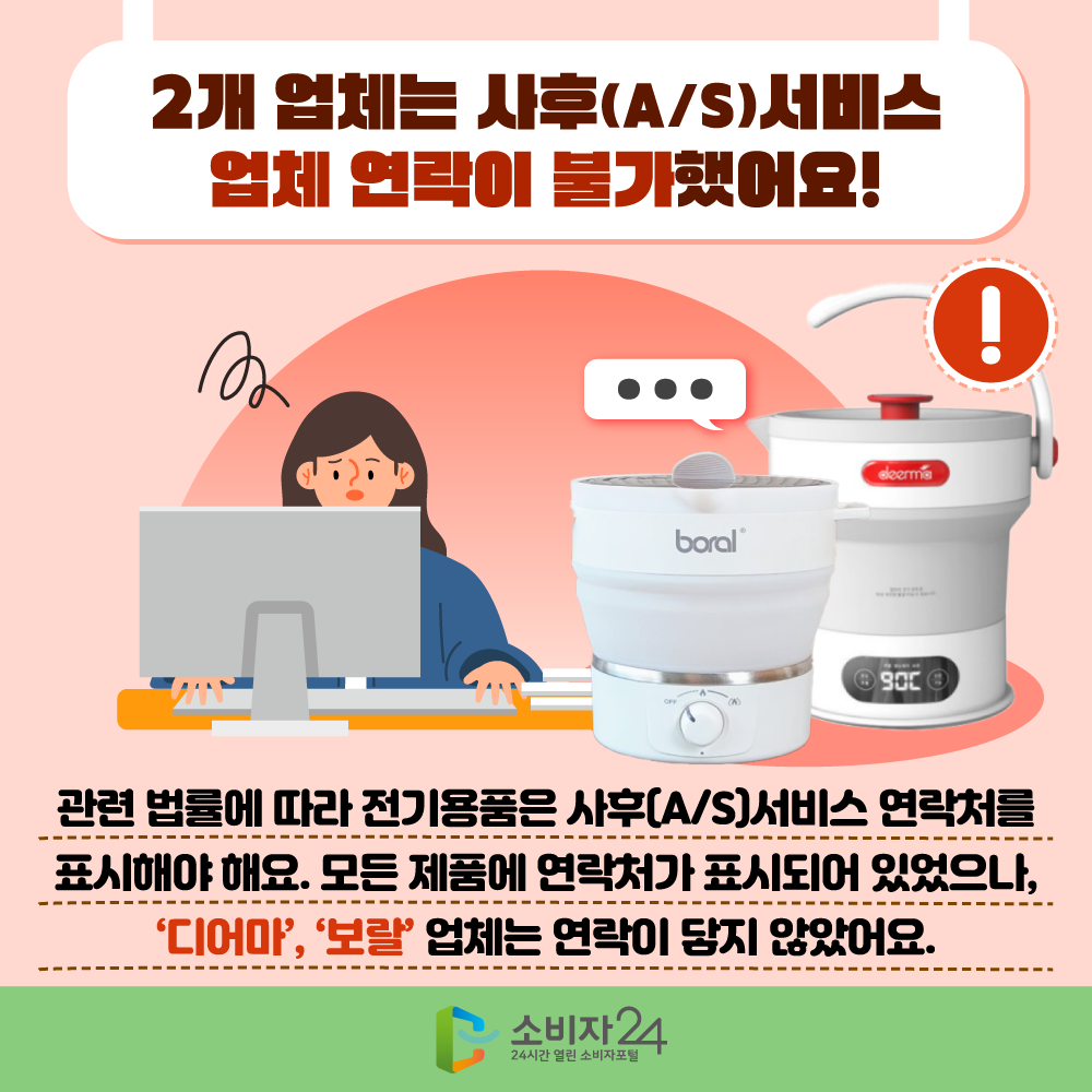 2개 업체는 사후(A/S)서비스 업체 연락이 불가했어요! 관련 법률에 따라 전기용품은 사후(A/S)서비스 연락처를 표시해야 해요. 모든 제품에 연락처가 표시되어 있었으나, ‘디어마’, ‘보랄’ 업체는 연락이 닿지 않았어요.