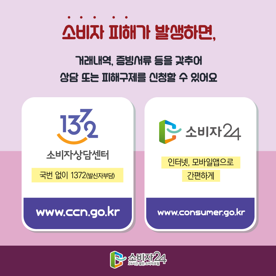 소비자 피해가 발생하면, 거래내역, 증빙서류 등을 갖추어 상담 또는 피해구제를 신청할 수 있어요 1372 소비자상담센터 국번없이 1372(발신자부담) www.ccn.go.kr 소비자24 인터넷, 모바일앱으로 간편하게 www.consumer.go.kr