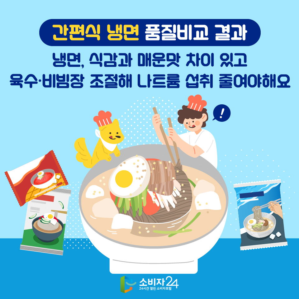 [간편식 냉면 품질비교 결과] 냉면, 식감과 매운맛 차이 있고 육수·비빔장 조절해 나트륨 섭취 줄여야 해요