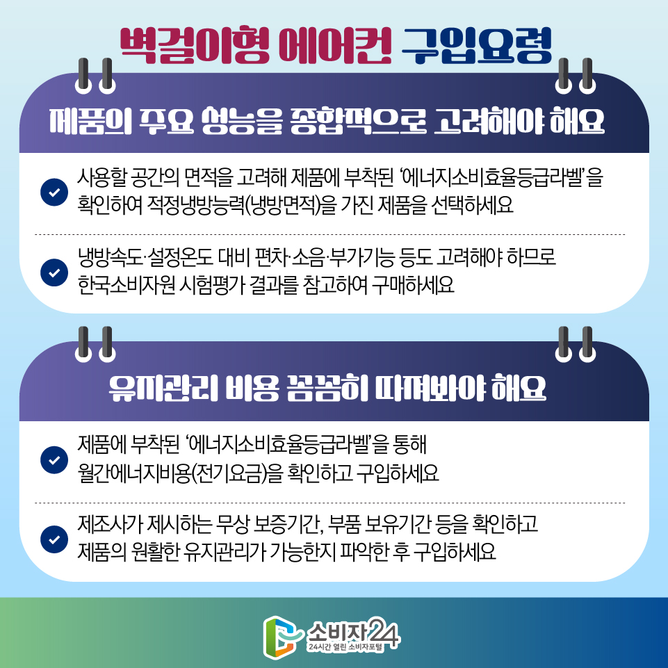 벽걸이형 에어컨 구입요령 1) 제품의 주요 성능을 종합적으로 고려해야 해요 - 사용할 공간의 면적을 고려해 제품에 부착된 ‘에너지소비효율등급라벨’을 확인하여 적정냉방능력(냉방면적)을 가진 제품을 선택하세요 - 냉방속도·설정온도 대비 편차·소음·부가기능 등도 고려해야 하므로 한국소비자원 시험평가 결과를 참고하여 구매하세요 2) 유지관리 비용 꼼꼼히 따져봐야 해요 - 제품에 부착된 ‘에너지소비효율등급라벨’을 통해 월간에너지비용(전기요금)을 확인하고 구입하세요 - 제조사가 제시하는 무상 보증기간, 부품 보유기간 등을 확인하고 제품의 원활한 유지관리가 가능한지 파악한 후 구입하세요