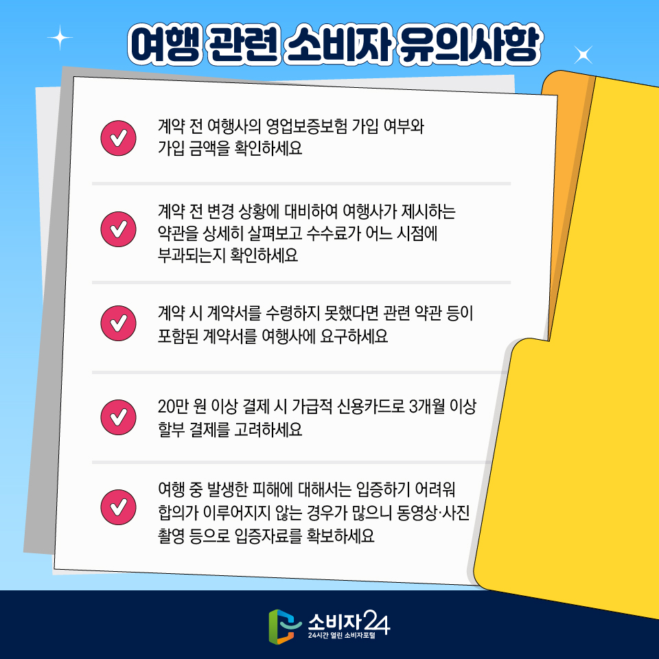 여행 관련 소비자 유의사항 1) 계약 전 여행사의 영업보증보험 가입 여부와 가입 금액을 확인하세요 2) 계약 전 변경 상황에 대비하여 여행사가 제시하는 약관을 상세히 살펴보고 수수료가 어느 시점에 부과되는지 확인하세요 3) 계약 시 계약서를 수령하지 못했다면 관련 약관 등이 포함된 계약서를 여행사에 요구하세요 4) 20만 원 이상 결제 시 가급적 신용카드로 3개월 이상 할부 결제를 고려하세요 5) 여행 중 발생한 피해에 대해서는 입증하기 어려워 합의가 이루어지지 않는 경우가 많으니 동영상·사진 촬영 등으로 입증자료를 확보하세요
