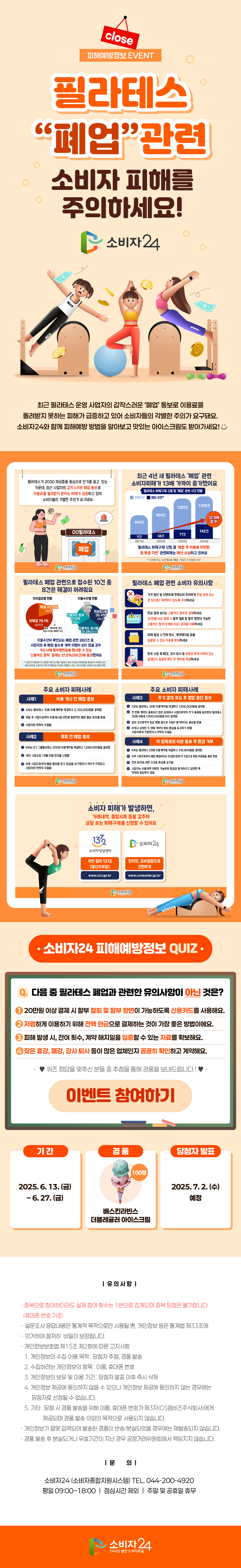 피해예방정보 이벤트  필라테스“폐업”관련 소비자 피해를 주의하세요!   최근 필라테스 운영 사업자의 갑작스러운 ‘폐업’통보로 이용료를 돌려받지 못하는 피해가 급증하고 있어 소비자들의 각별한 주의가 요구돼요. 소비자24와 함께 피해예방 방법을 알아보고 맛있는 아이스크림도 받아가세요!   #1 필라테스가 2030 여성층을 중심으로 인기를 끌고  있는 가운데, 최근 사업자의 갑작스러운 폐업 통보로 이용료를 돌려받지 못하는 피해가 급증하고 있어 소비자들의 각별한 주의가 요구돼요 #2 최근 4년 새 필라테스 ‘폐업’ 관련 소비자피해가 13배 가까이 증가했어요 [필라테스 피해구제 신청 및 ‘폐업’ 관련 사건 현황] (전체건수(폐업관련*)순) 2021년: 662건(11건), 2022년: 804건(38건), 2023년: 1021건(77건), 2024년: 1036건(142건) > 2021년 대비 2024년 12.9배 증가! 필라테스 피해구제 신청 중 ‘폐업 후 이용료 미반환 및 환급 지연’ 관련피해는 매년 상승하고 있어요 * 사건명 또는 사건개요에 ‘폐업’ 키워드가 포함된 사건 #3 필라테스 폐업 관련으로 접수된 10건 중 8건은 해결이 어려워요 [처리결과별 현황] 해결 20.9%(60건) / 미해결 79.1%(227건) - ‘환급’,’계약이행’ 등의 해결 사건을 제외한 사건 [지불수단별 현황] 현금일시불 35.4%(92건) / 신용카드 일시불 31.2%(81건) / 신용카드 할부 21.5%(56건) / 기타 11.9%(31건) : 지불수단이 확인되는 폐업 관련 260건 중, 사업자의 휴·폐업 등으로 계약 이행이 되지 않을 경우 카드사에 할부항변권을 행사할 수 있는 ‘신용카드 할부’ 결제는 21.5%(56건)에 불과했어요 * 사업자가 폐업하거나 정당한 해지 요구를 거절하는 등의 이유로 잔여대금을 환급받기 어려운 경우, 해당 업체 및 신용카드사에 잔여할부금 지급을 거절할 수 있는 권리(3개월, 20만원 이상 할부거래) #4 [필라테스 폐업 관련 소비자 유의사항] 1) 가격 할인 등 이벤트에 현혹되어 무리하게 현금 결제 또는 장기(다회) 계약하지 않도록 주의하세요 2) 현금 결제 보다는 신용카드 할부로 결제하세요. 20만원 이상 결제 시 할부 철회 및 할부 항변이 가능한 신용카드 할부(3개월 이상) 결제를 이용하세요 3) 피해 발생 시 잔여 횟수, 계약해지일 등을 입증할 수 있는 자료를 확보하세요 4) 잦은 수업 휴·폐강, 강사 퇴사 등 영업상 문제 이력이 있는 업체인지 꼼꼼히 확인 후 계약을 체결하세요 #5 주요 소비자 피해사례 [사례1] 이용 개시 전 폐업 통보 1) A씨는 필라테스 70회 이용계약을 체결하고 2,730,000원을 결제함 2) 며칠 후 사업자로부터 이용개시일 이전에 일방적인 폐업 통보 문자를 받음 3) 사업자와 연락이 두절됨 [사례2] 휴회 전 폐업 통보 1) B씨는 6:1 그룹필라테스 200회 이용계약을 체결하고 1,298,000원을 결제함 2) 개인 사정으로 1개월 이용 정지를 신청함 3) 이후 사업자로부터 폐업 통보를 받고 환급을 요구했으나 처리가 지연되고 사업자와 연락이 두절됨 #6 주요 소비자 피해사례 [사례3] 추가 결제 유도 후 영업 중단 통보 1) C씨는 필라테스 30회 이용계약을 체결하고 1,800,000원을 결제함 2) 첫 번째 계약이 종료되지 않은 상태에서 사업자로부터 추가 등록을 권유받아 필라테스 30회 이용료 1,800,000원을 미리 결제함 3) 담당 강사로부터 임금 체불 등으로 수업이 불가하다는 통보를 받음 4) 미개시 상태인 두 번째 계약의 회비 환급을 요구하기 위해 사업자에게 전화했으나 연락이 두절됨 [사례4] 타 업체로의 이관 통보 후 환급 거부 1) E씨는 필라테스 25회 이용계약을 체결하고 316,800원을 결제함 2) 이후 사업자로부터 폐업 예정이라는 안내와 함께 타 지점으로 회원 이관됨을 통보 받음 3) 잔여 회차에 대한 수강료 환급을 요구함 4) 사업자는 이용계약 이관만 가능하며 환급은 불가하다고 답변한 후 연락에 응답하지 않음 #7 소비자 피해가 발생하면, 거래내역, 증빙서류 등을 갖추어 상담 또는 피해구제를 신청할 수 있어요. 소비자상담센터 국번 없이 1372(발신자부담) www.ccn.go.kr / 소비자24 인터넷, 모바일앱으로 간편하게 www.consumer.go.kr  소비자24 피해예방정보 QUIZ Q. 다음 중 필라테스 폐업과 관련한 유의사항이 아닌 것은? 1) 20만원 이상 결제 시 할부 철회 및 할부 항변이 가능하도록 신용카드를 사용해요. 2) 저렴하게 이용하기 위해 전액 현금으로 결제하는 이 가장 좋은 방법이에요. 3) 피해 발생 시, 잔여 횟수, 계약 해지일을 입증할 수 있는 자료를 확보해요. 4) 잦은 수업의 휴강, 폐강, 강사 퇴사 등이 많은 업체는 아닌지 꼼꼼히 확인하고 계약을 체결해요.  퀴즈 정답을 맞추신 분들 중 추첨을 통해 경품을 보내드립니다.  이벤트 참여하기  ㅇ 기간 : 2025. 6. 13.(금) ~ 6. 27.(금) ㅇ 경품 : 아이스크림 기프티콘 (100명) ㅇ 당첨자 발표 : 2025. 7. 2.(수) 예정  <유의사항> - 중복으로 참여하더라도 실제 참여 횟수는 1번으로 집계되며 중복 당첨은 불가합니다. (휴대폰번호 기준) - 설문조사 응답내용은 통계적 목적으로만 사용될 뿐, 개인정보 등은 통계법 제33조에 의거하여 철저히 비밀이 보장됩니다. - 개인정보보호법 제15조 제2항에 따른 고지사항 1. 개인정보의 수집·이용 목적 : 당첨자 추첨, 경품 발송 2. 수집하려는 개인정보의 항목 : 이름, 휴대폰 번호 3. 개인정보의 보유 및 이용 기간 : 당첨자 발표 이후 즉시 삭제 4. 개인정보 제공에 동의하지 않을 수 있으나 개인정보 제공에 동의하지 않는 경우에는 당첨자로 선정될 수 없습니다. 5. 기타 : 당첨 시 경품 발송을 위해 이름, 휴대폰번호가 제3자(GS엠비즈주식회사)에게 제공되며 경품 발송 이외의 목적으로 사용되지 않습니다. - 개인정보가 잘못 입력되어 발송된 경품이 반송/분실되었을 경우에는 재발송되지 않습니다. - 경품 발송 후 분실되거나 유효기간이 지난 경우 공정거래위원회에서 책임지지 않습니다. <문의>  - 소비자24(소비자종합지원시스템) TEL. 044-200-4920  - 평일 09:00~18:00 / 점심시간 제외 / 주말 및 공휴일 휴무