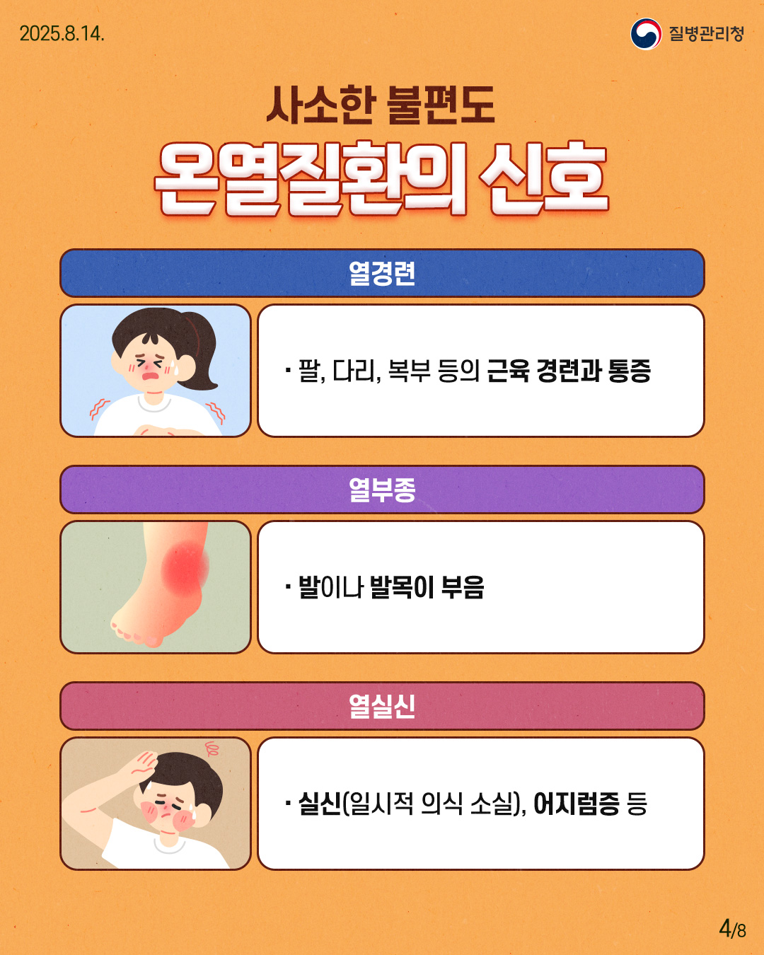 ■ 사소한 불편도 온열질환의 신호 (열경련) · 팔, 다리, 복부 등의 근육 경련과 통증. (열부종) · 발이나 발목이 부음. (열실신) · 실신(일시적 의식 소실), 어지럼증 등.