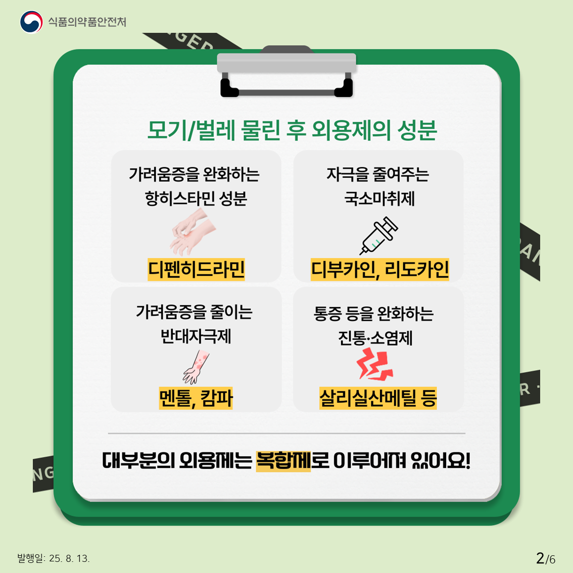 모기/벌레 물린 후 외용제의 성분 가려움증을 완화하는 항히스타민 성분 : 디펜히드라민 자극을 줄여주는 국소마취제 : 디부카인, 리도카인 가려움증을 줄이는 반대자극제 : 멘톨, 캄파 통증 등을 완화하는 진통, 소염제 : 살리실산메틸 등 대부분의 외용제는 복합제로 이루어져 있어요.