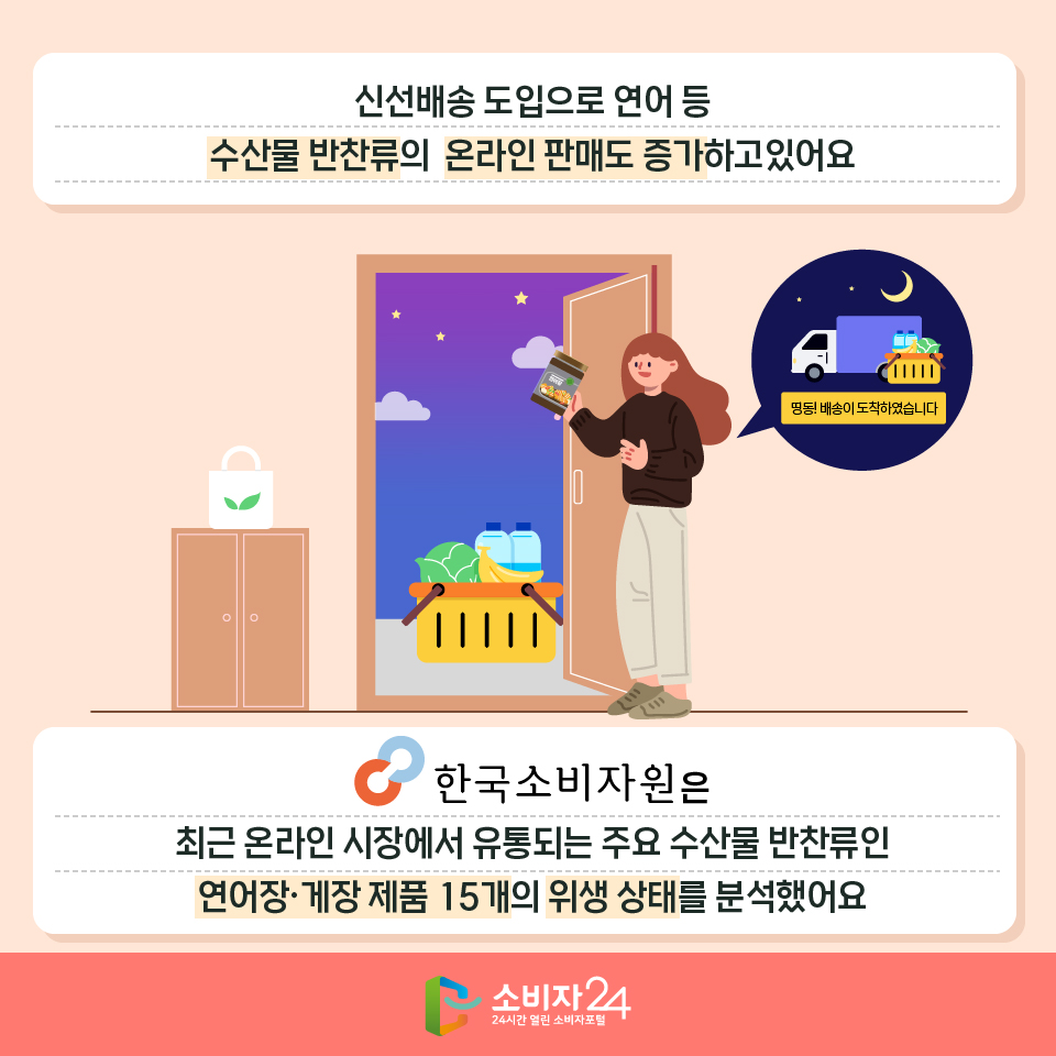 신선배송 도입으로 연어 등 수산물 반찬류의  온라인 판매도 증가하고있어요. 한국소비자원은 최근 온라인 시장에서 유통되는 주요 수산물 반찬류인 연어장·게장 제품 15개의 위생 상태를 분석했어요 